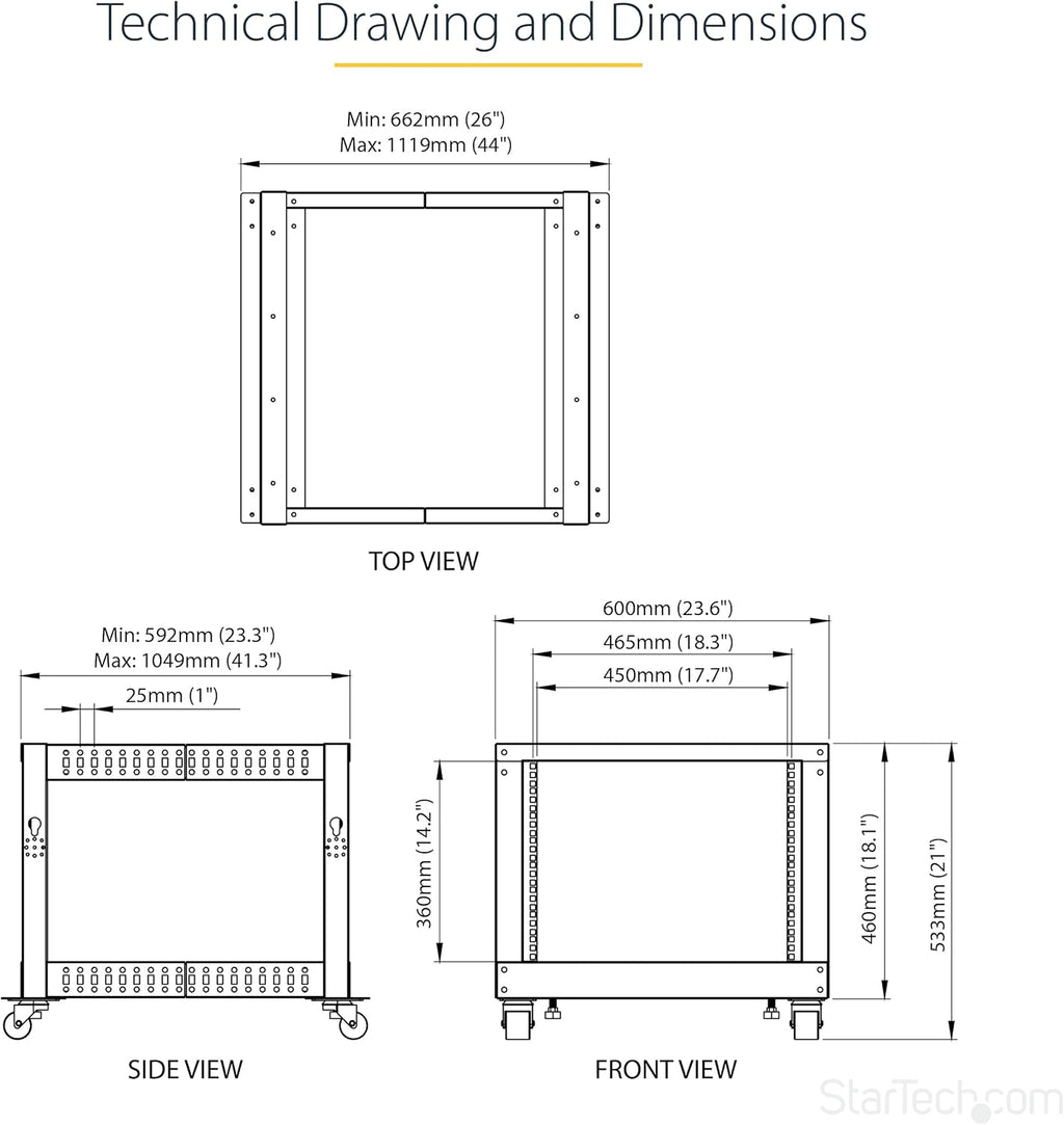 StarTech 8U 4-Post Server Rack, 19in Open Frame Rack with 40in (101cm) Mounting Depth and 1200lb (544kg) Weight Capacity, Mobile or Floor Mount IT Rack