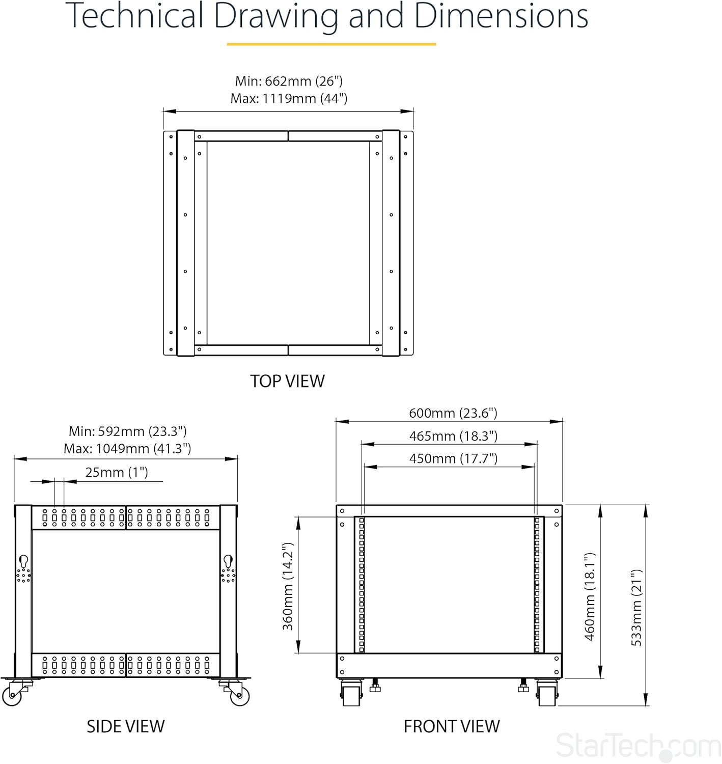 StarTech 8U 4-Post Server Rack, 19in Open Frame Rack with 40in (101cm) Mounting Depth and 1200lb (544kg) Weight Capacity, Mobile or Floor Mount IT Rack