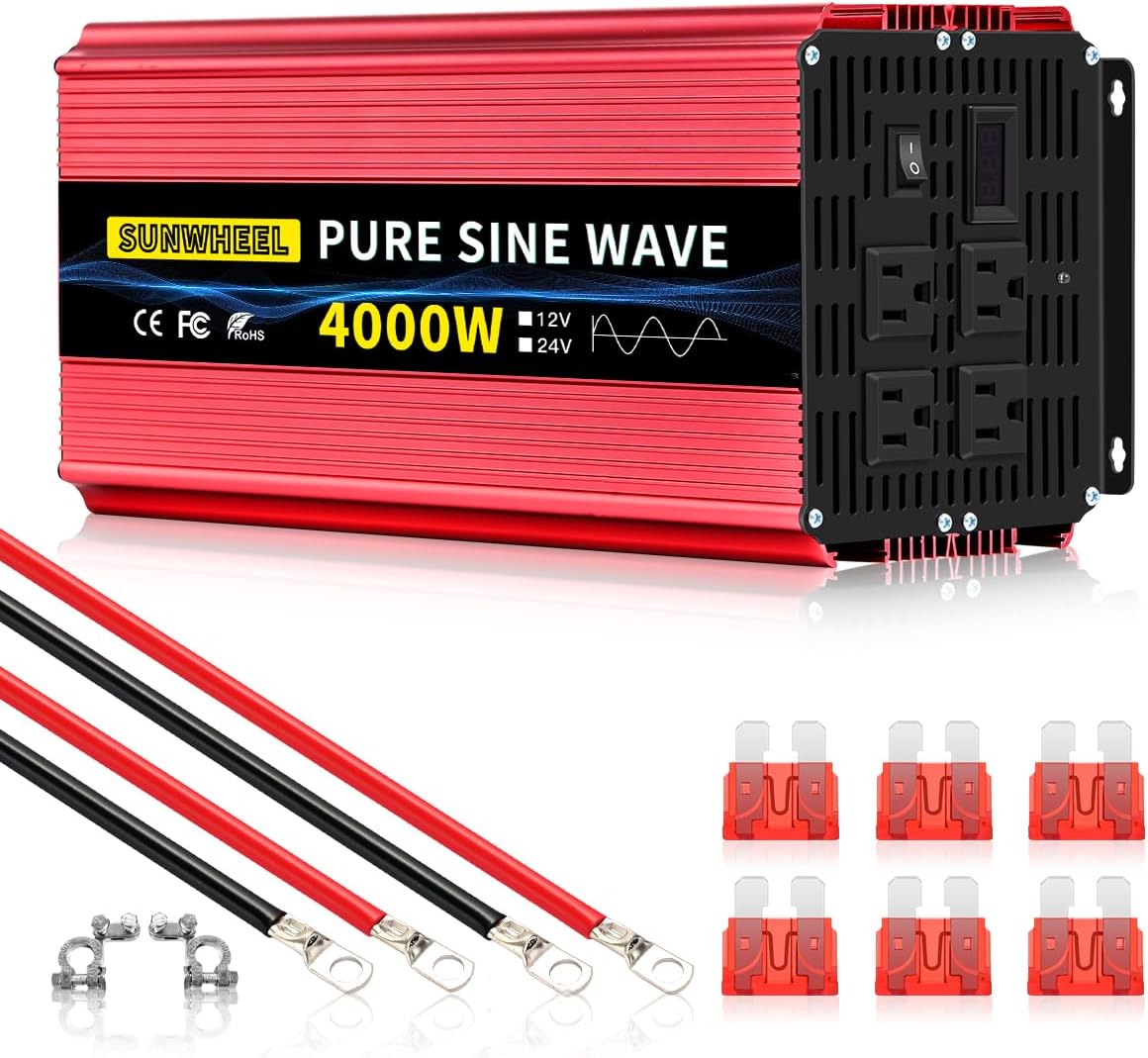 SUNWHEEL 4000W Pure Sine Wave Inverter, Solar Off-Grid Inverter, 12V DC to 110V 120V AC for RV、Microwave、Truck、Refrigerator、Freezer、TV、Air Conditioner with 4 AC outlets and LCD Display