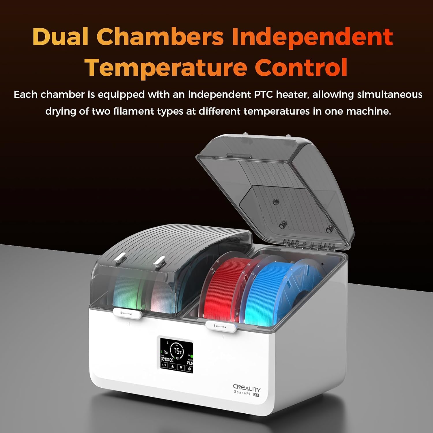 Creality Filament Dryer Box 4 Spool, SpacePi X4L 3D Printer Filament Storage Box, Dual Independent Heating Chambers, Rapid Heating Up to 75℃, Active Dehumidification, Fits PLA,PETG,ABS,TPU,Nylon,etc