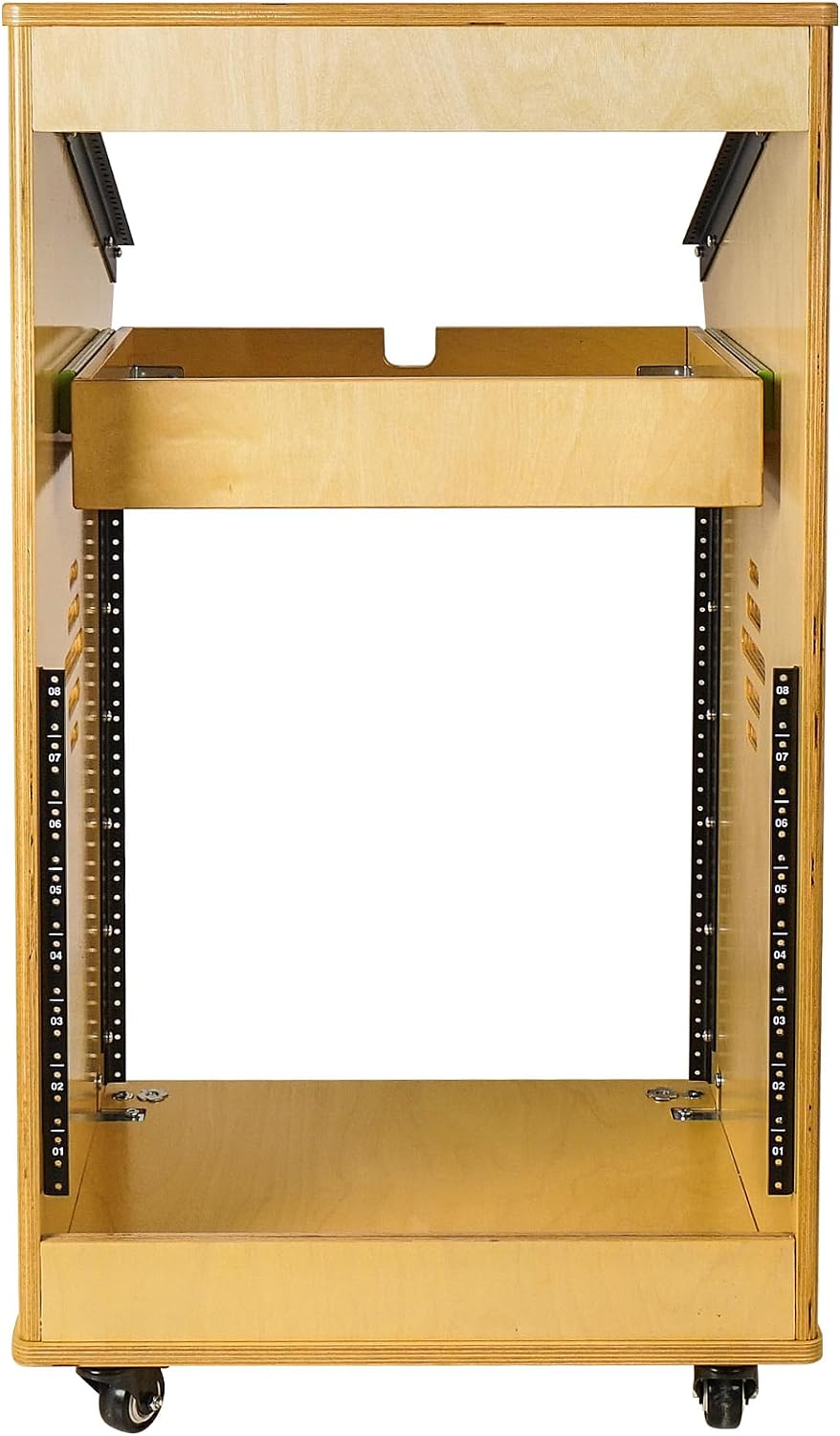 Sound Town DIY Solid Baltic Birch Plywood Studio Rack with 11U Slant Mixer Top,12U Front, 2U Drawer, Rubber Feet, Casters, Golden Oak (SDRK-M11X12)