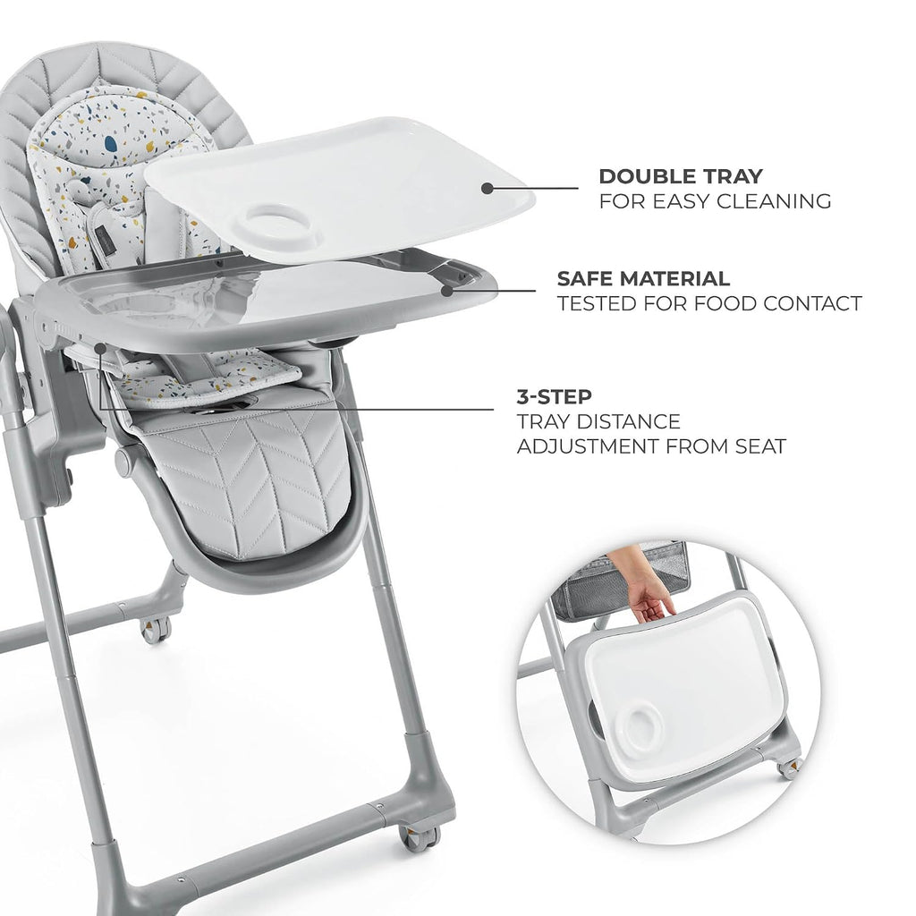 Kinderkraft LASTREE Foldable Baby High Chair for Babies and Toddlers with Reclining Function, Play Bar, Adjustable Tray and Footrest in Grey
