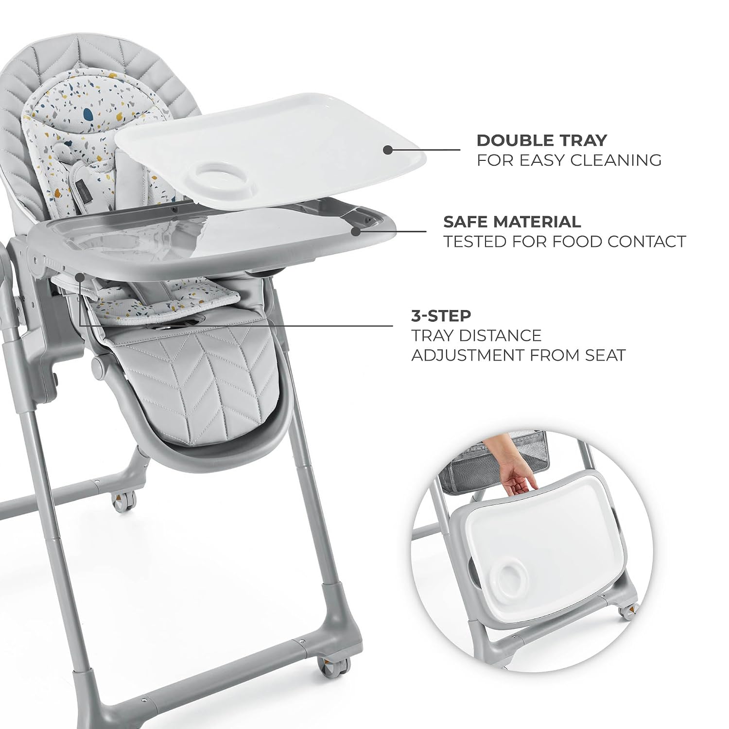 Kinderkraft LASTREE Foldable Baby High Chair for Babies and Toddlers with Reclining Function, Play Bar, Adjustable Tray and Footrest in Grey