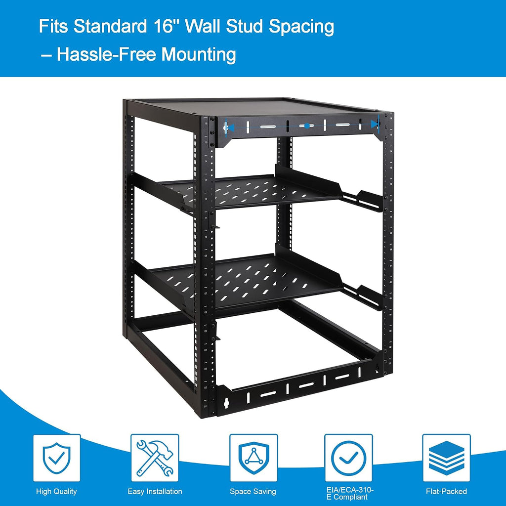 RackPath 16U Open Frame Network Rack with 2X 14in Vented 1U Shelves Rear Support, Wall Mount/Floor Standing Network Cabinet, Heavy Duty 150 lbs Capacity for IT & AV Gear, Audio and Video Device