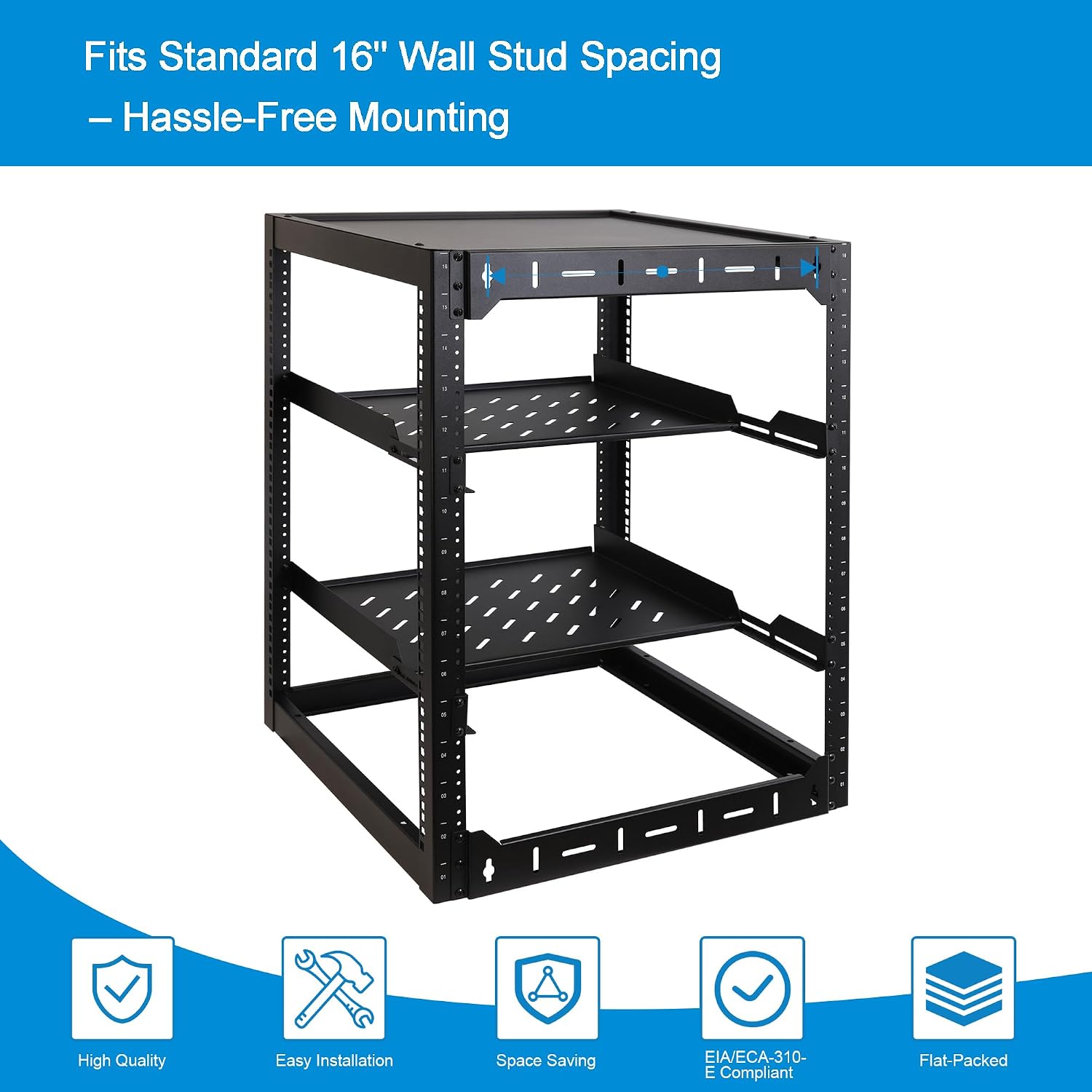 RackPath 16U Open Frame Network Rack with 2X 14in Vented 1U Shelves Rear Support, Wall Mount/Floor Standing Network Cabinet, Heavy Duty 150 lbs Capacity for IT & AV Gear, Audio and Video Device