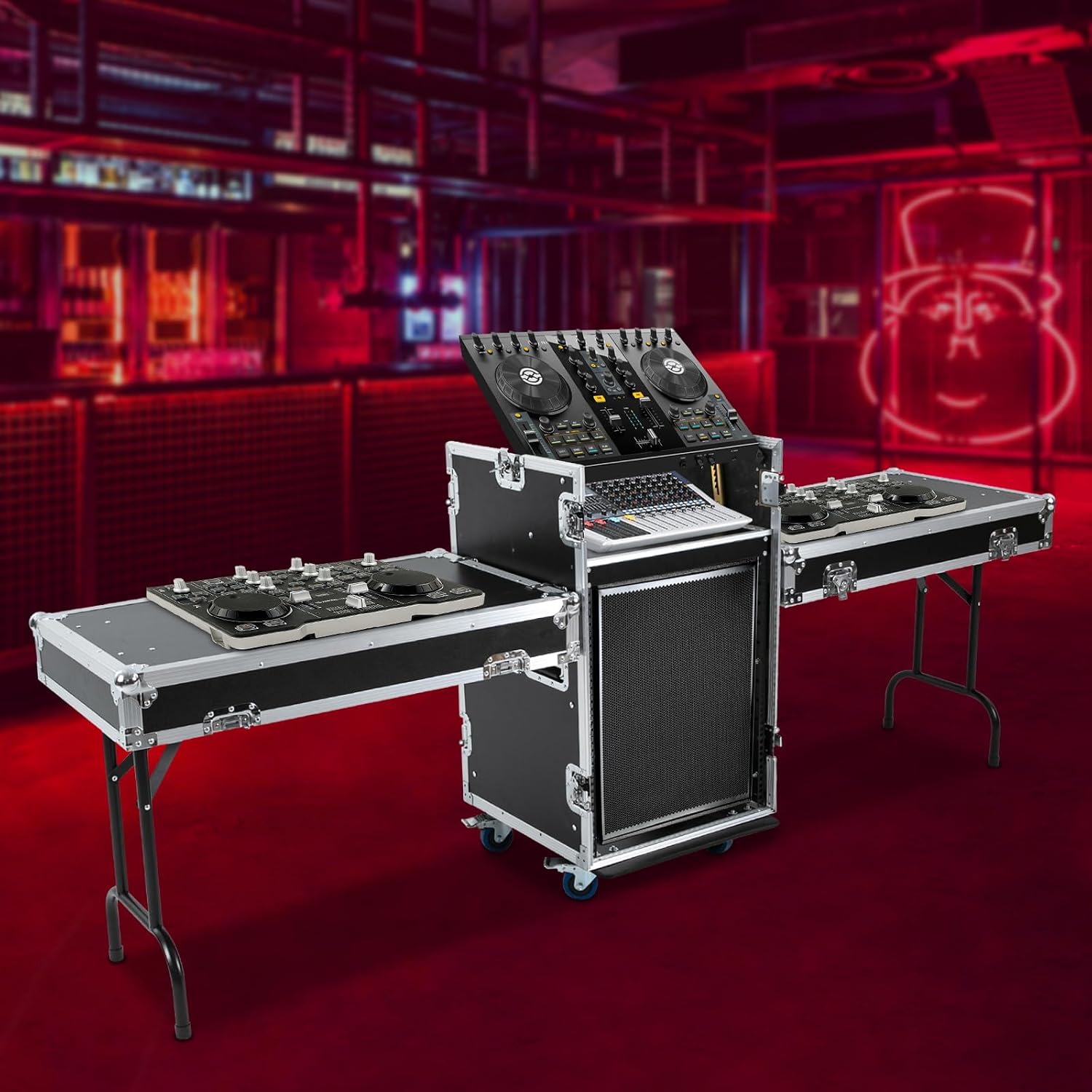 14U PA DJ Rack Case, 2 Tiers PA DJ Cabinet & Audio Studio Rack With 4 Wheels Dual Work Tables Heavy Duty Mobile Studio Equipment Cabinet For DJ Pro Audio Network Gear Storage, 661Lbs Capacity