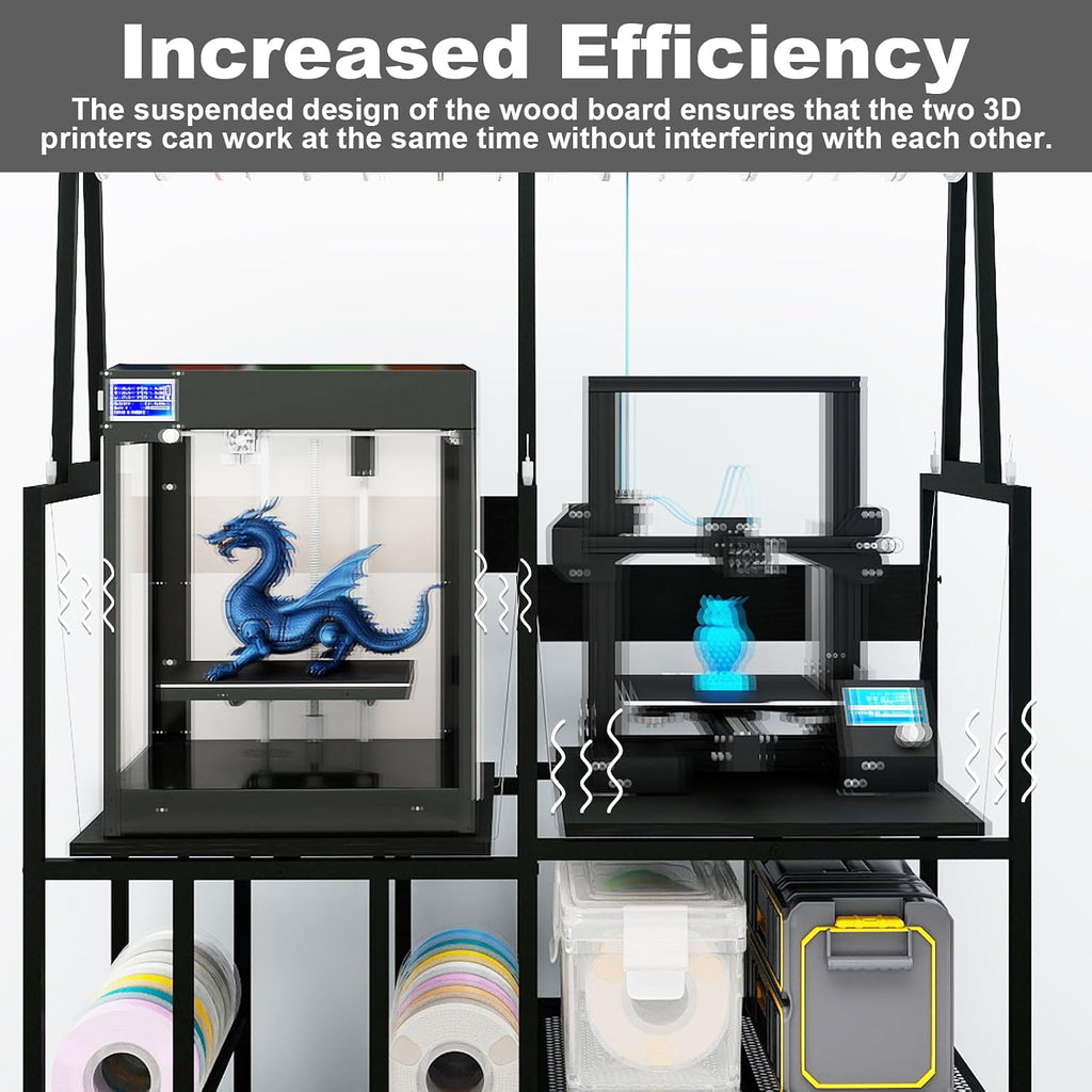 PUNCIA Dual-Row 3D Printer Stand with Filament Storage, Heavy-Duty Rack with Power Outlet - 3D Printer Table for FDM & SLA Printers, Space-Saving Desk and Cabinet with Shelves for Dual-Printer Setup