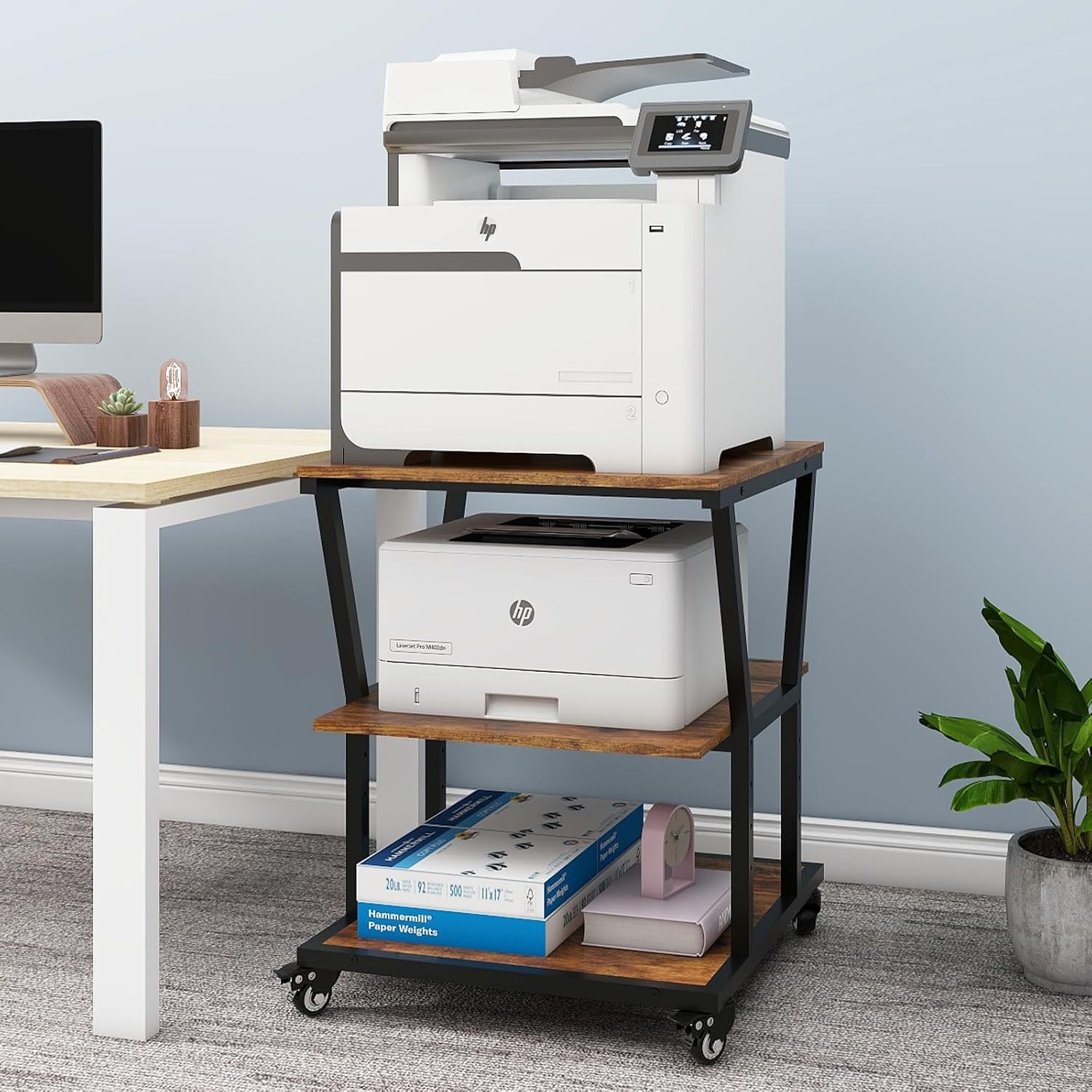 Natwind 3-Tier Large Printer Stand,23.6'x23.6'x29.5' Heavy-Duty Printer Table Cart with Paper Storage Shelf & Wheels,Ideal for Home Office Laser Printers, Copiers (Retro)