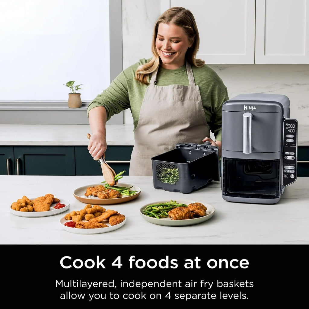Ninja SL400 DoubleStack XL 2-Basket Air Fryer, 10 QT, Cooks 4 Foods at Once, Compact Design, 4-in-1, Smart Finish & Match Cook, Air Fry, Broil, Bake, Easy Meals, Easy Clean, Grey (Renewed)