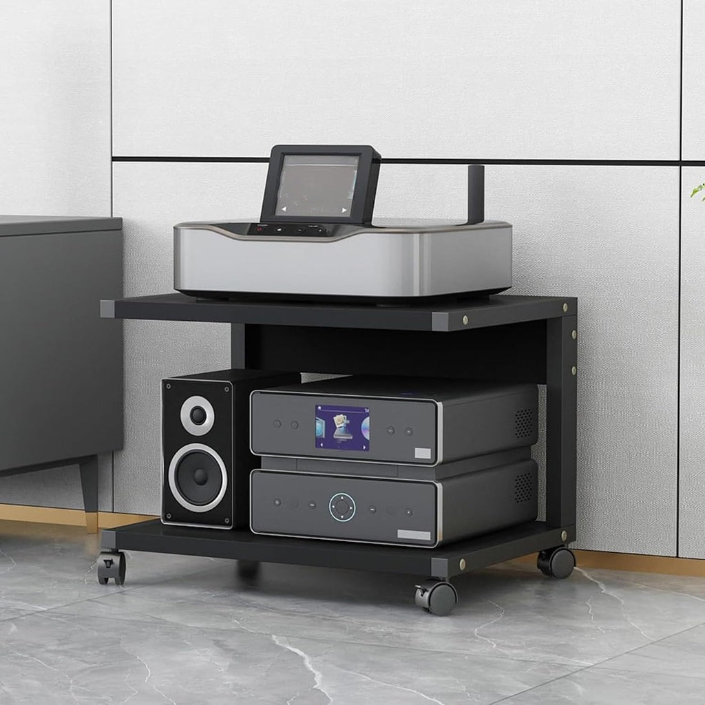 AV Media Stand with Wheels, 2-Tier Audio-Video shelving, Modern Console Wooden Storage Shelves, Stereo Racks and Stands, Audio Tower Corner Entertainment Center, for Living, Gaming Room(Black,50x40x40