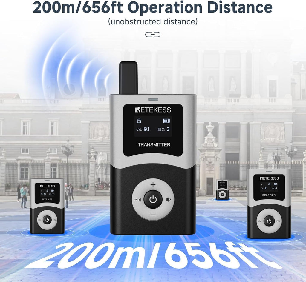 Retekess T130U(4nd Gen T130) Wireless Tour Guide System, Church Translation System, U-Band, 200M, 40H, One-Key Operation with Charging Kit, Tour Guide Headsets for Travel(1Transmitter 15 Receivers)