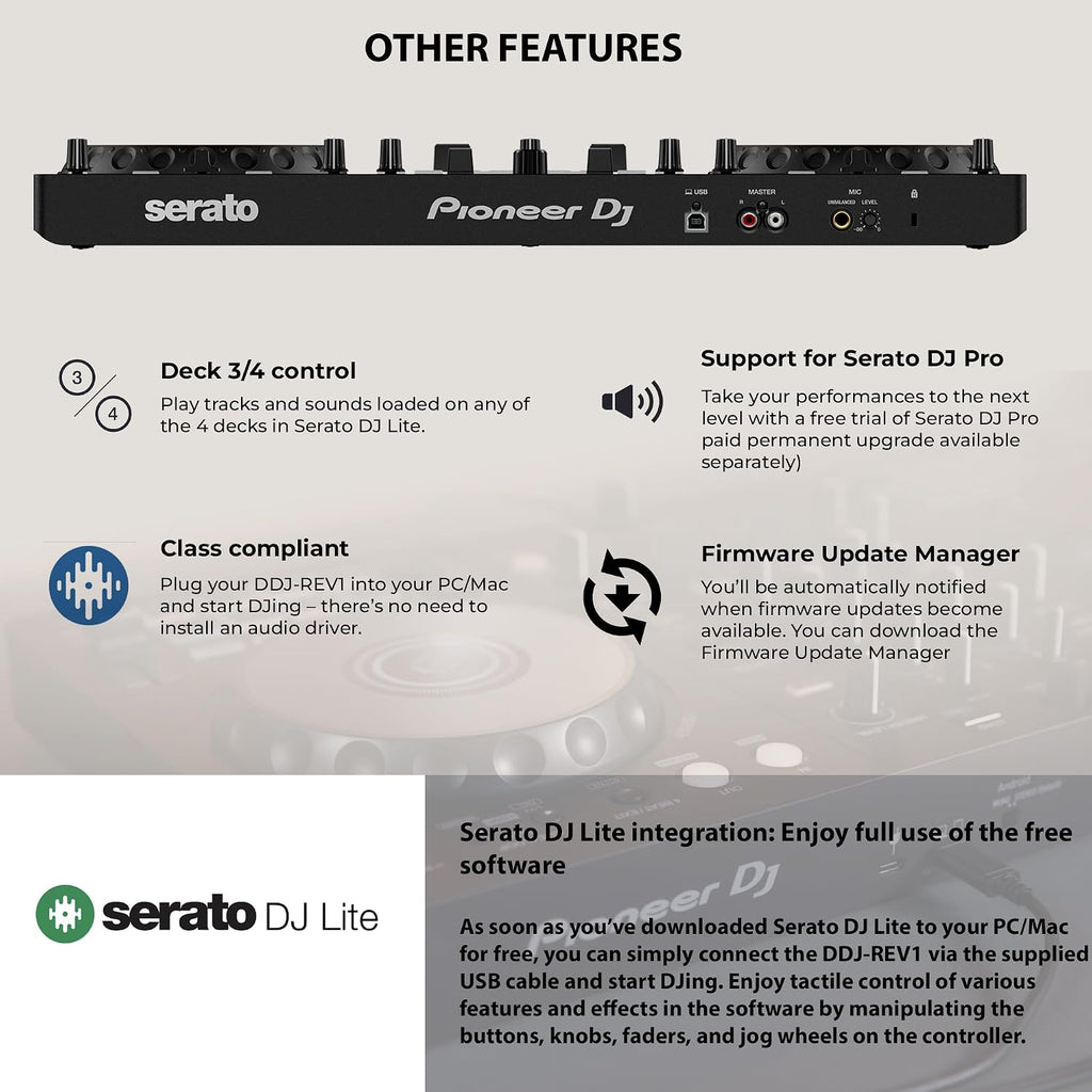 Pioneer DDJ-REV1 Scratch-Style 2-Channel DJ Controller for Serato DJ Lite - Black Bundle with Laptop Stand, Headphones and, Austin Bazaar Polishing Cloth