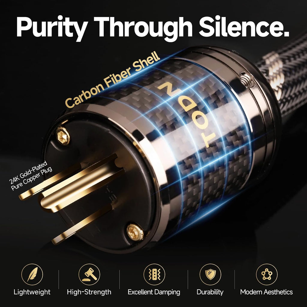 TODN Audiophile Audio Power Cable OFC+OCC Cores HiFi Power Cord with Carbon Fiber Shell, 24K Gold Plated US Plug, Φ17.5mm, 3ft/1m