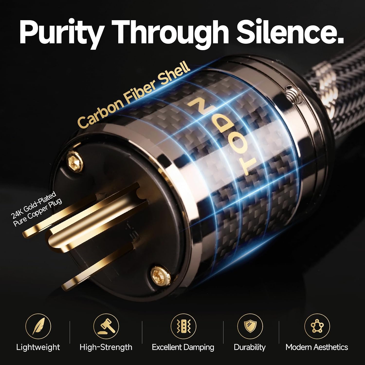 TODN Audiophile Audio Power Cable OFC+OCC Cores HiFi Power Cord with Carbon Fiber Shell, 24K Gold Plated US Plug, Φ17.5mm, 3ft/1m