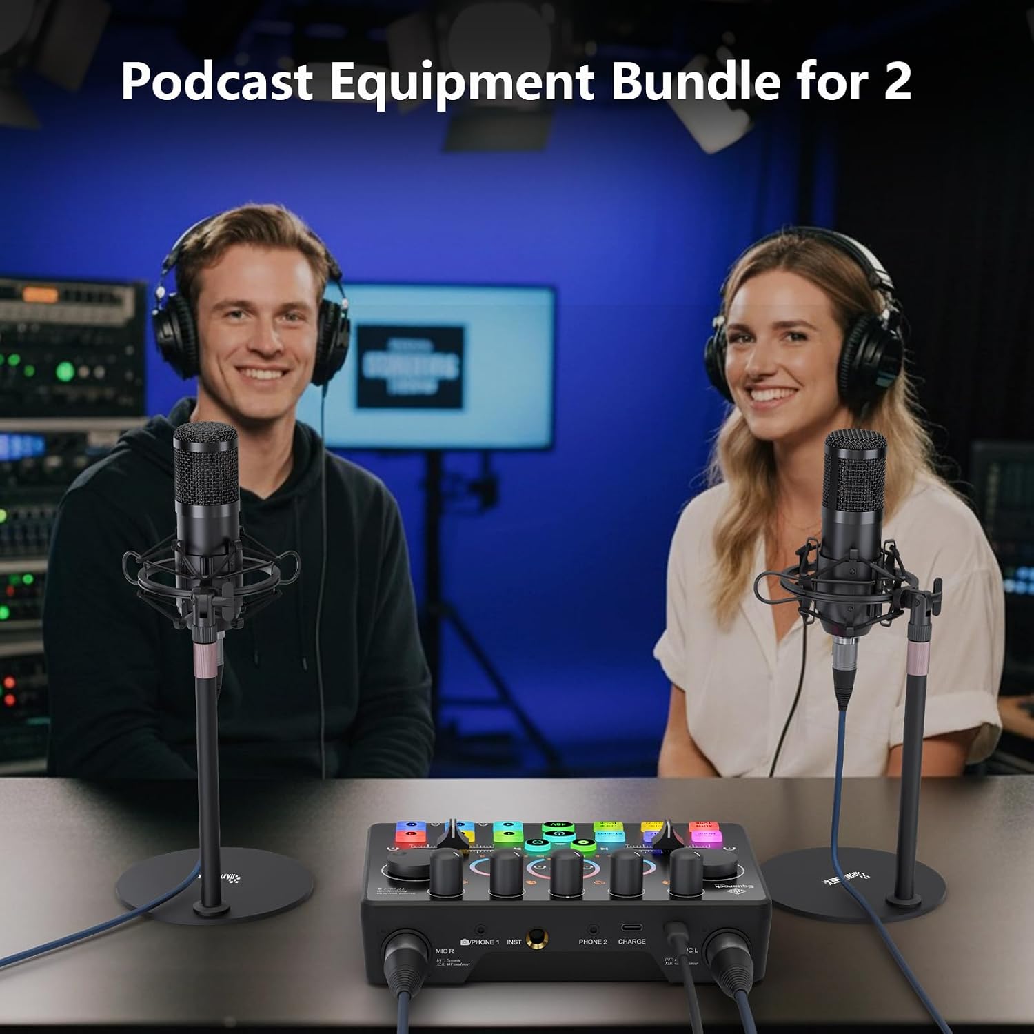 Podcast Equipment Bundle for 2, Audio Interface with 8GB Memory Card and XLR Condenser Microphones,Stereo,Denoise, RGB,Built-in Recorder, 48V Phantom for Streaming,Podcast Recording,Gaming(RS2i2)