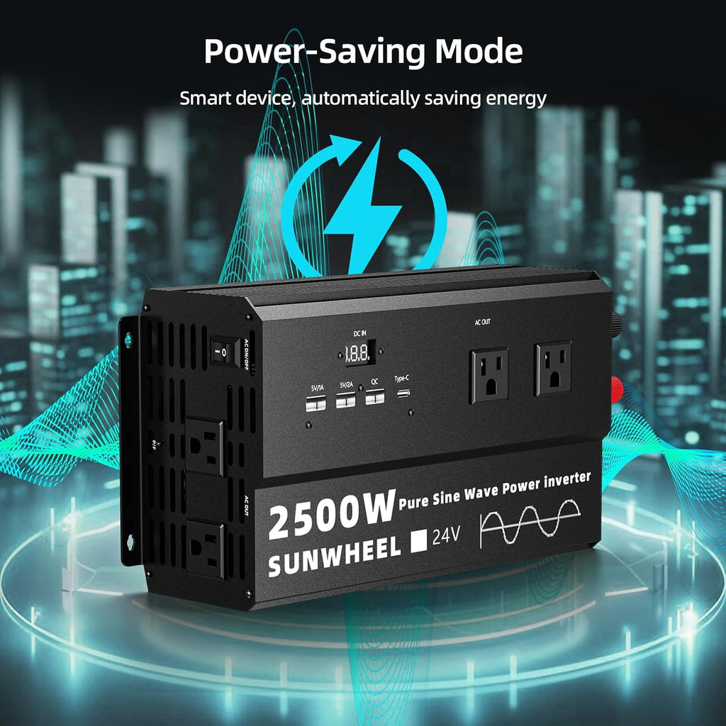 SUNWHEEL 2500W 24V Pure Sine Wave Inverter, 24V DC to 110V/120V AC Power Inverter for RV、Off Grid、Truck、Power Outage with 4 AC outlets and LCD Display