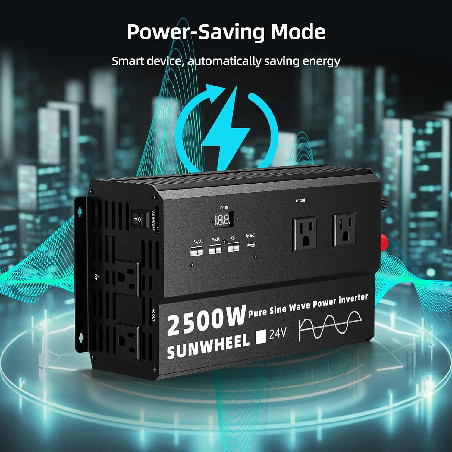 SUNWHEEL 2500W 24V Pure Sine Wave Inverter, 24V DC to 110V/120V AC Power Inverter for RV、Off Grid、Truck、Power Outage with 4 AC outlets and LCD Display