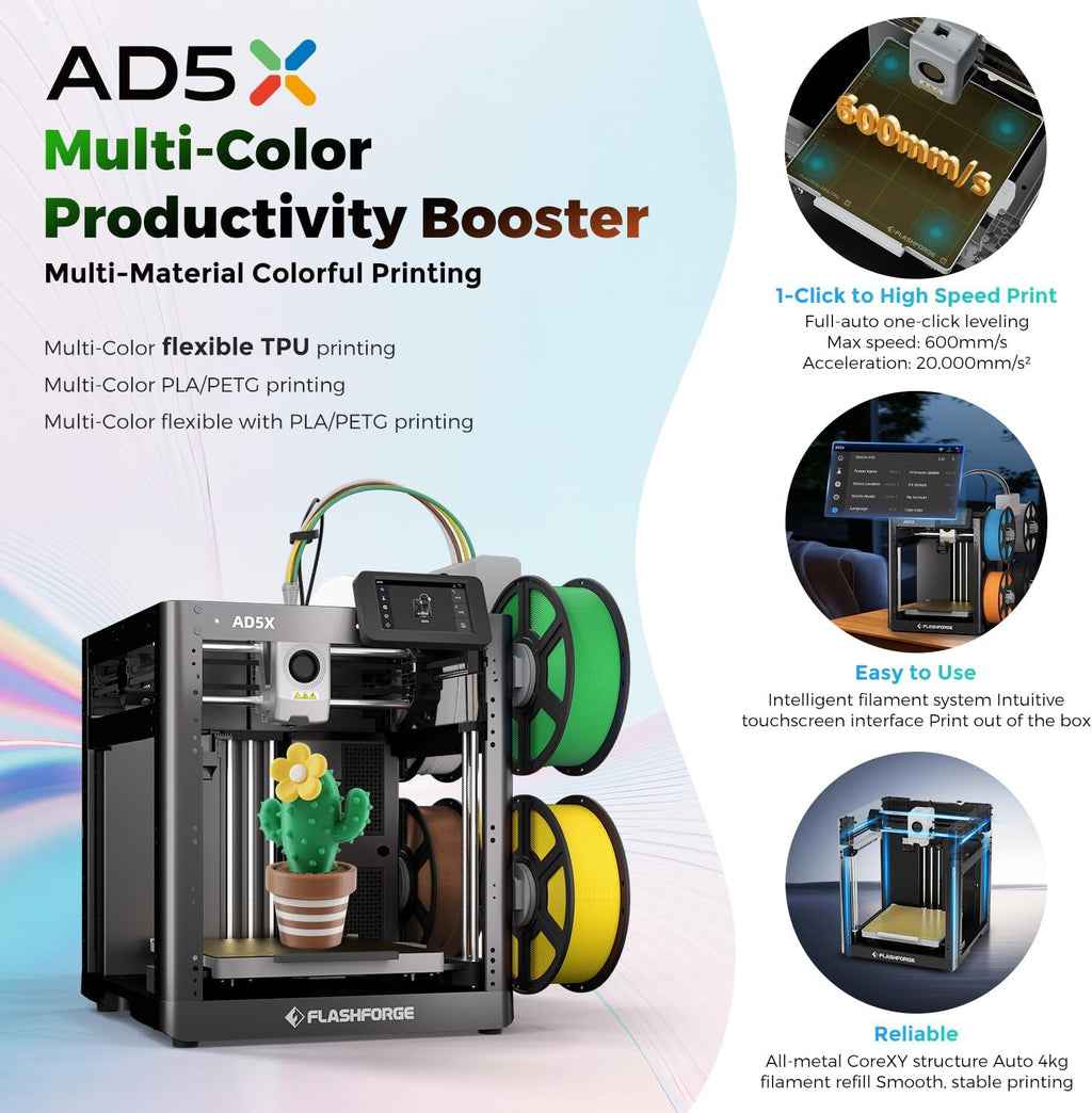 FLASHFORGE 3D Printer AD5X w/o Filament, IFS Multi-Color Printing, CoreXY 600mm/s High Speed & Precision, Auto Calibration & Vibration Compensation, 300℃ Direct Drive Extruder Unleash Your Creativity