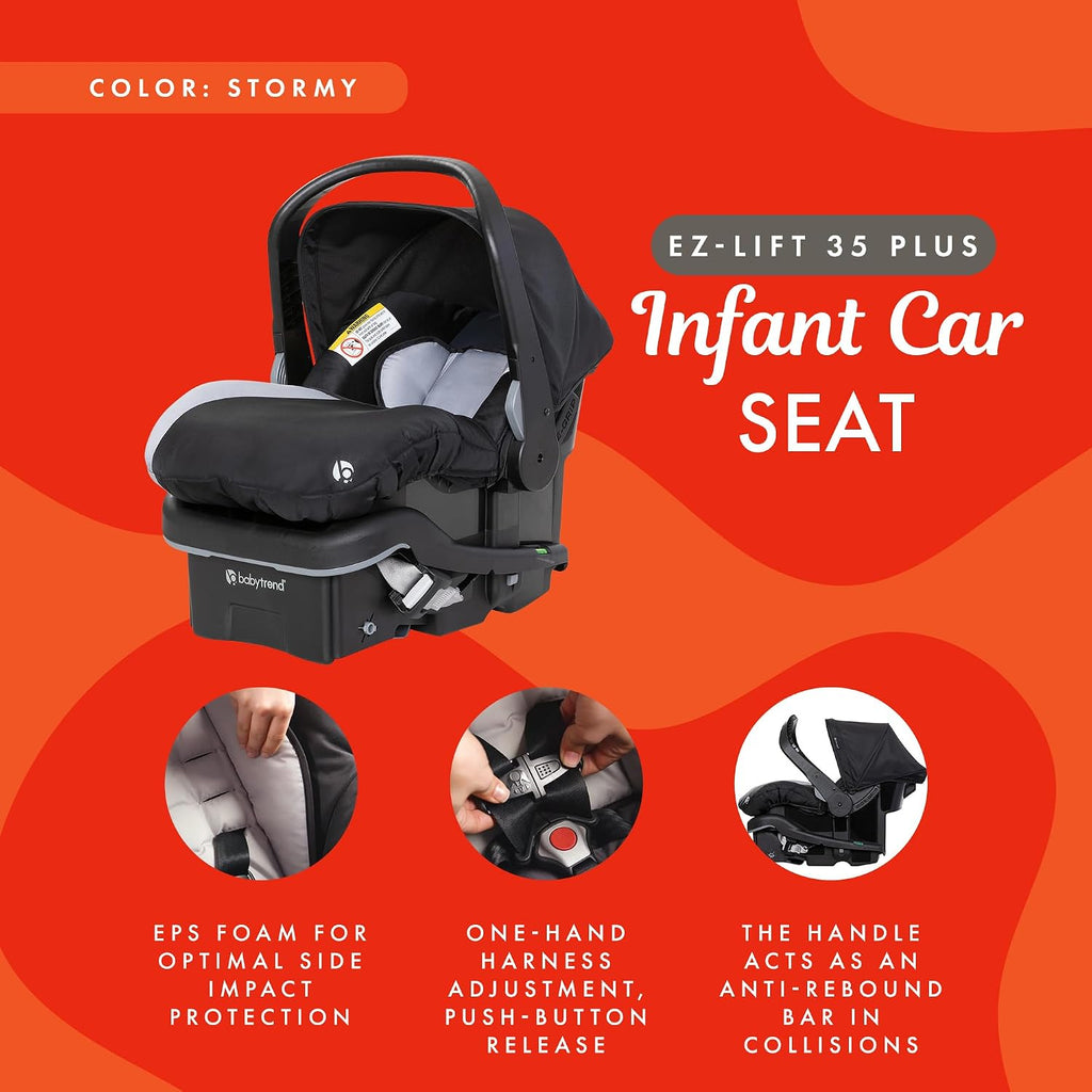 Baby Trend EZ Lift 35 Plus Ergonomic Lightweight Rear Facing Infant Car Seat with Multi Position Base and Cozy Cover, Stormy Gray/Black