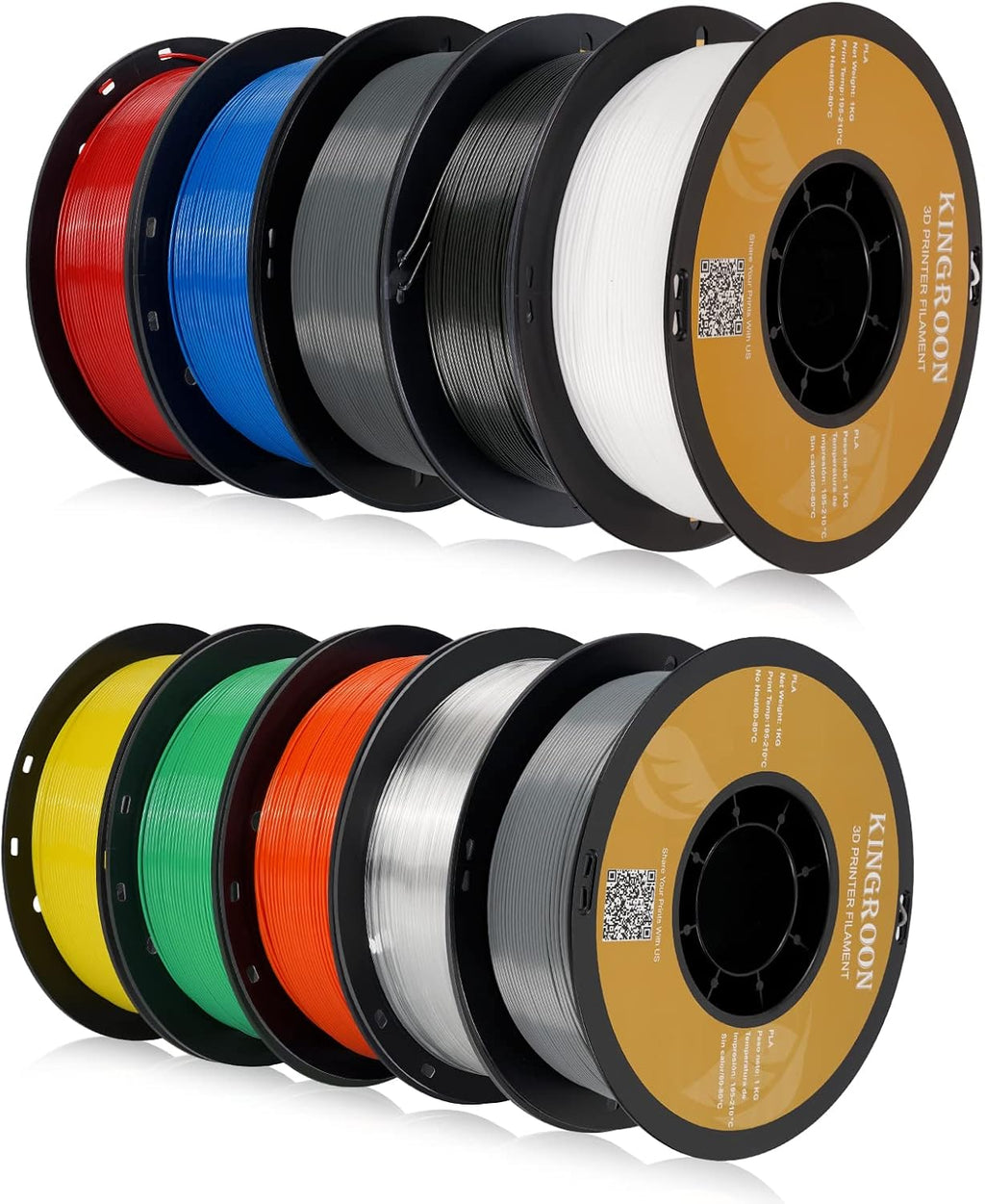 Kingroon PLA 3D Printer Filament, 10 Rolls, Dimensional Accuracy +/- 0.02 mm, 1kg Spool(2.2lbs), 1.75 mm，10KG Ten Colors Black White Grey Red Blue Green Orange Transparent Silver Yellow