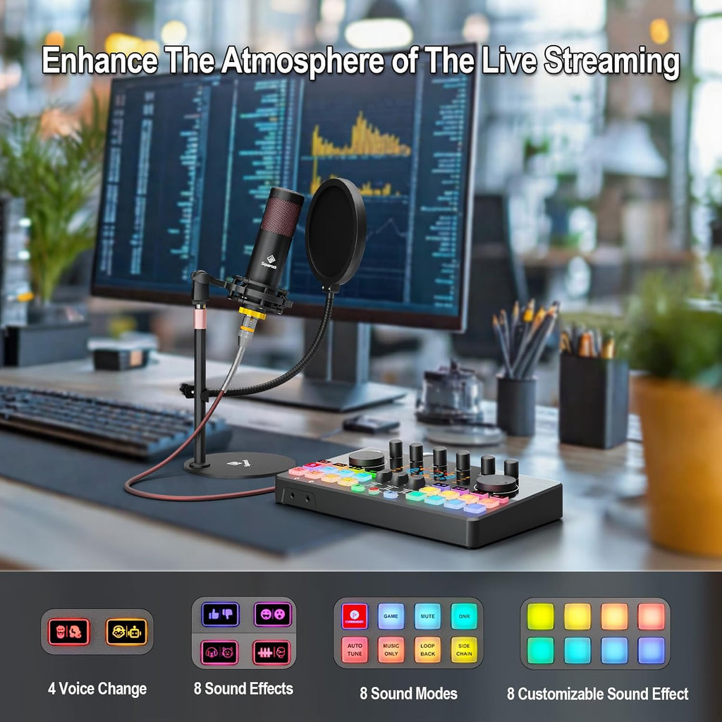 Podcast Equipment Bundle for 2 with Dual 48V XLR Condenser Micophones with Mic Pop Filters Audio Equipment for Live Streaming/Recording, Online Gaming for Phone/Laptop/PC Audio Interface M100