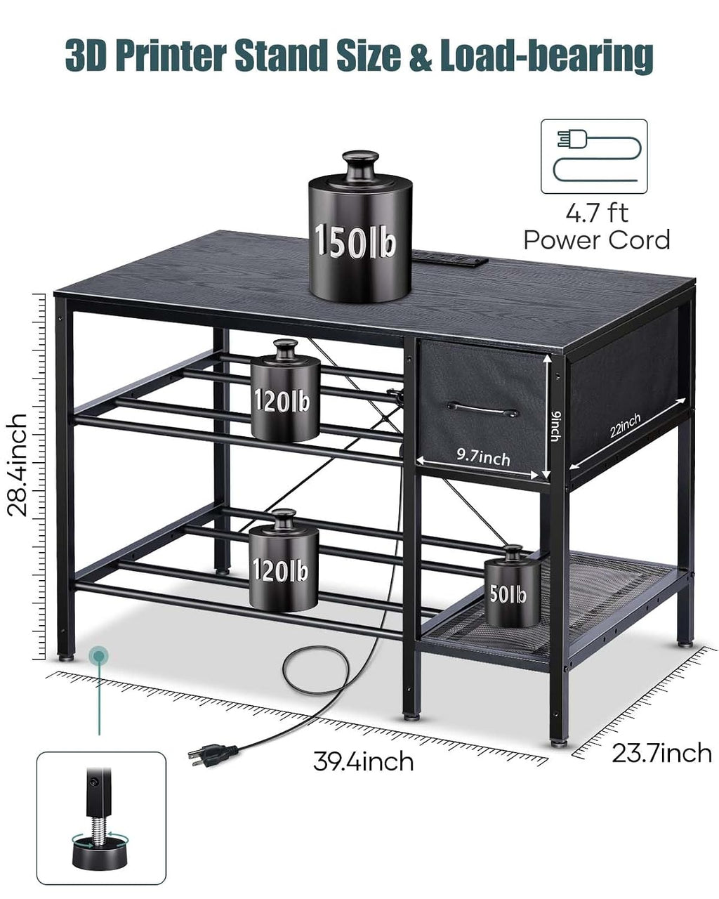 3D Printer Table with Filaments Storage - 3D Printer Stand Filament Storage Rack Heavy Duty 3D Print Desk with Drawer for Workshop Studio Office (Black)