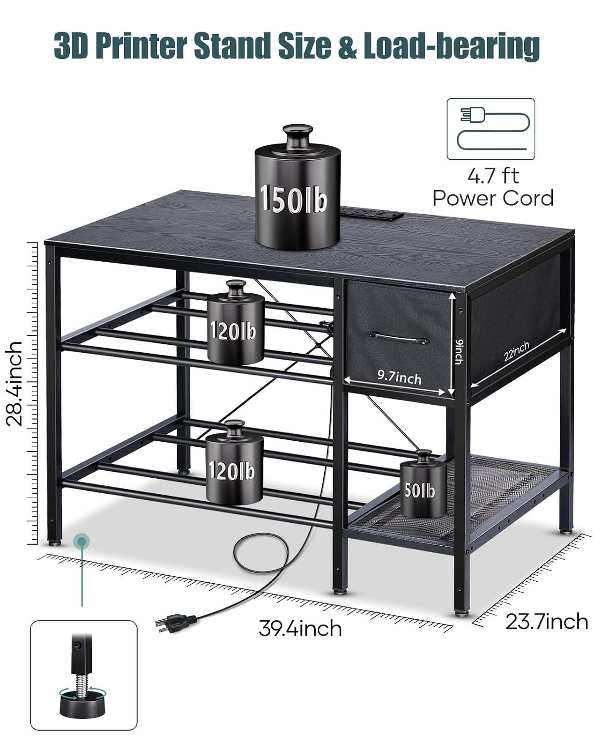 3D Printer Table with Filaments Storage - 3D Printer Stand Filament Storage Rack Heavy Duty 3D Print Desk with Drawer for Workshop Studio Office (Black)