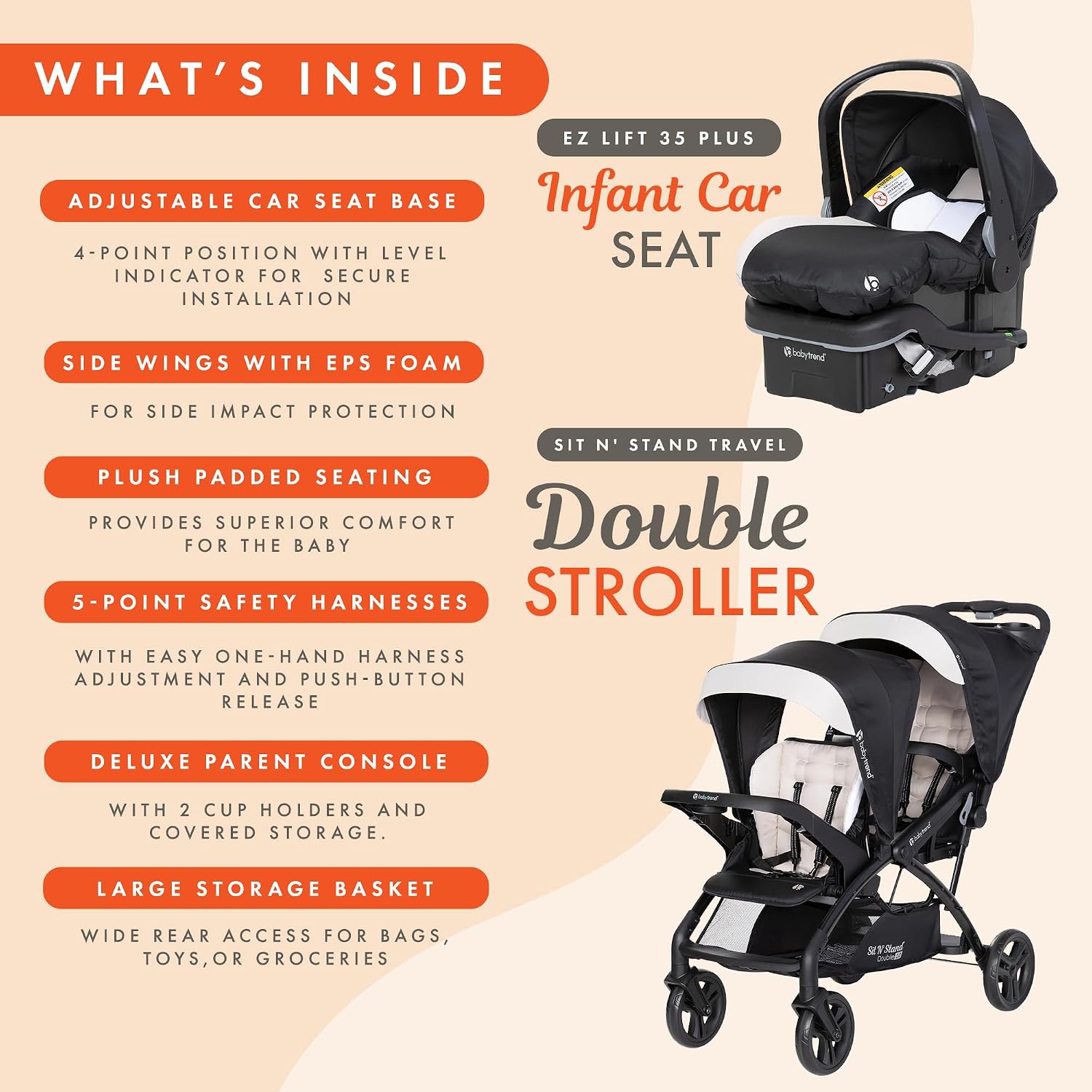 Baby Trend Sit N Stand Double Stroller & 2-Pack EZ Lift Plus Infant Car Seat, Modern Khaki - Convertible Tandem Travel System Combo for Newborn and Toddler, Foldable and Compact Design