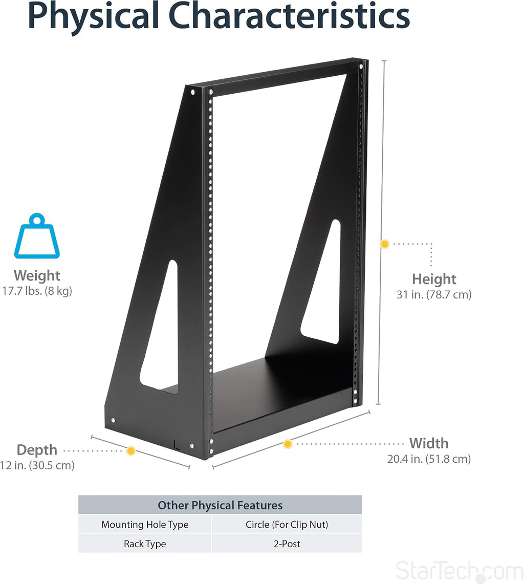 StarTech 16U 2-Post Open Frame Desktop Server Rack, 19in Compact Space-Saving Floor IT Rack with 350lb (160kg) Weight Capacity