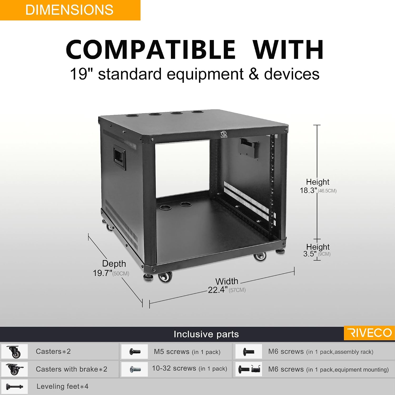 RIVECO 9U Network & Audio Rack with Feet & Wheels, Obtuse Angel Server Rack Cabinet, Rolling Studio Rack Case with Adjustable Depth Rails for 19' Stereo Recording & IT Equipment Mounting 1PCS