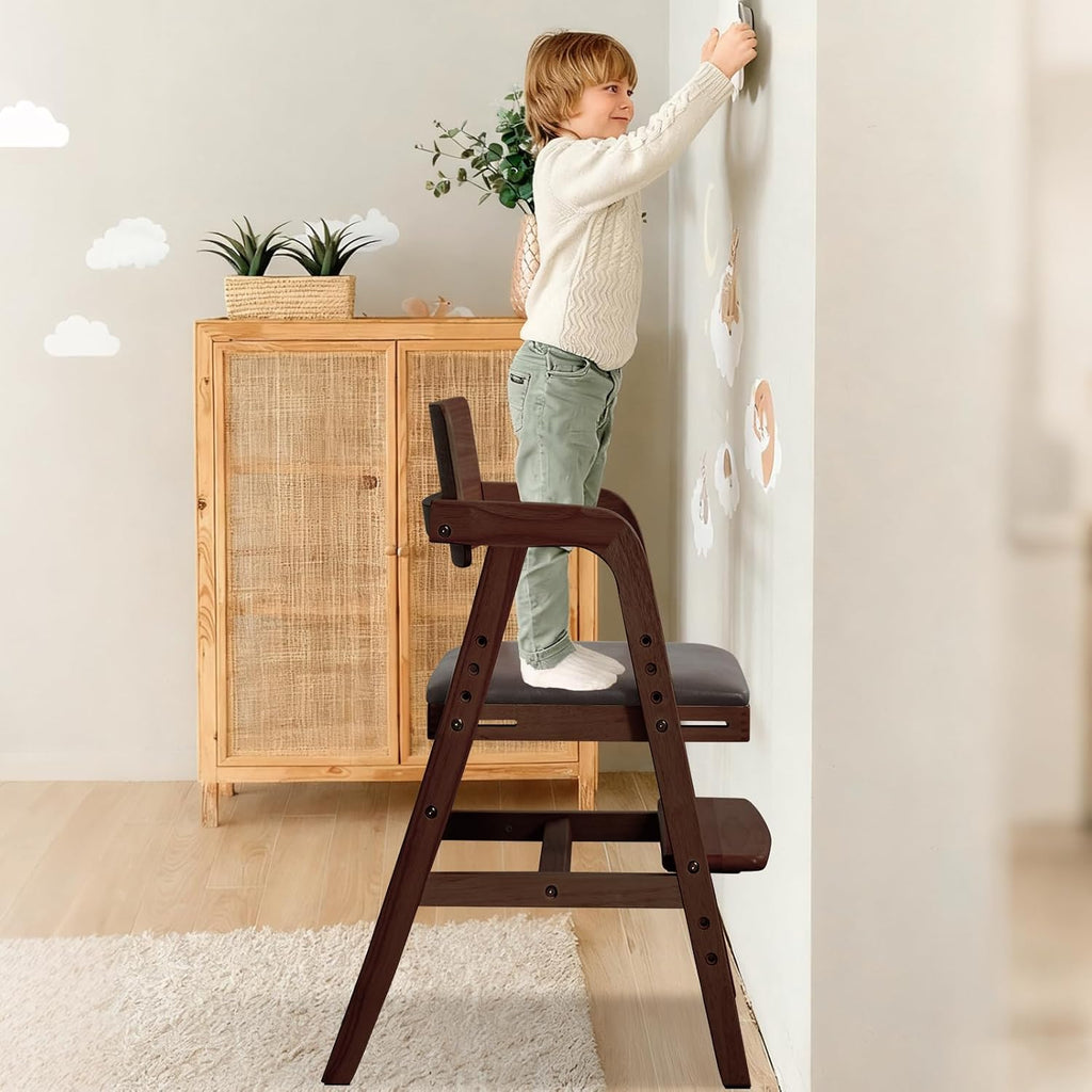Wooden High Chair for Toddlers & Baby, Adjustable Dining Feeding Chair Grows with Kid, Ergonomic High Chair for Babies, Wipe Clean Skin-Friendly Cushion, for Home & Restaurant - Walnut