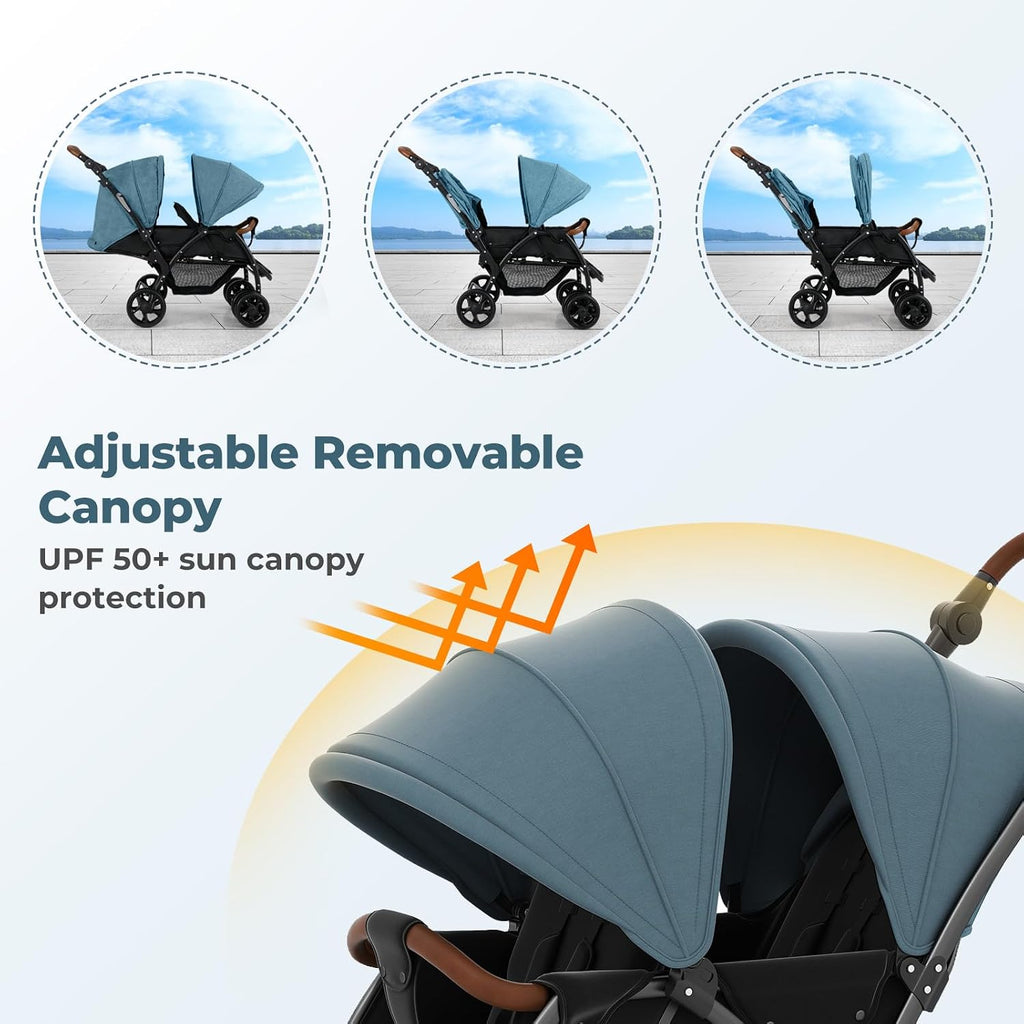 INFANS Double Stroller, Foldable Baby Tandem Stroller with Djustable Backrest Canopy Footrest, 5-Point Harness, Storage Basket, Convertible Compact Twin Stroller for Infants and Toddlers (Sage)