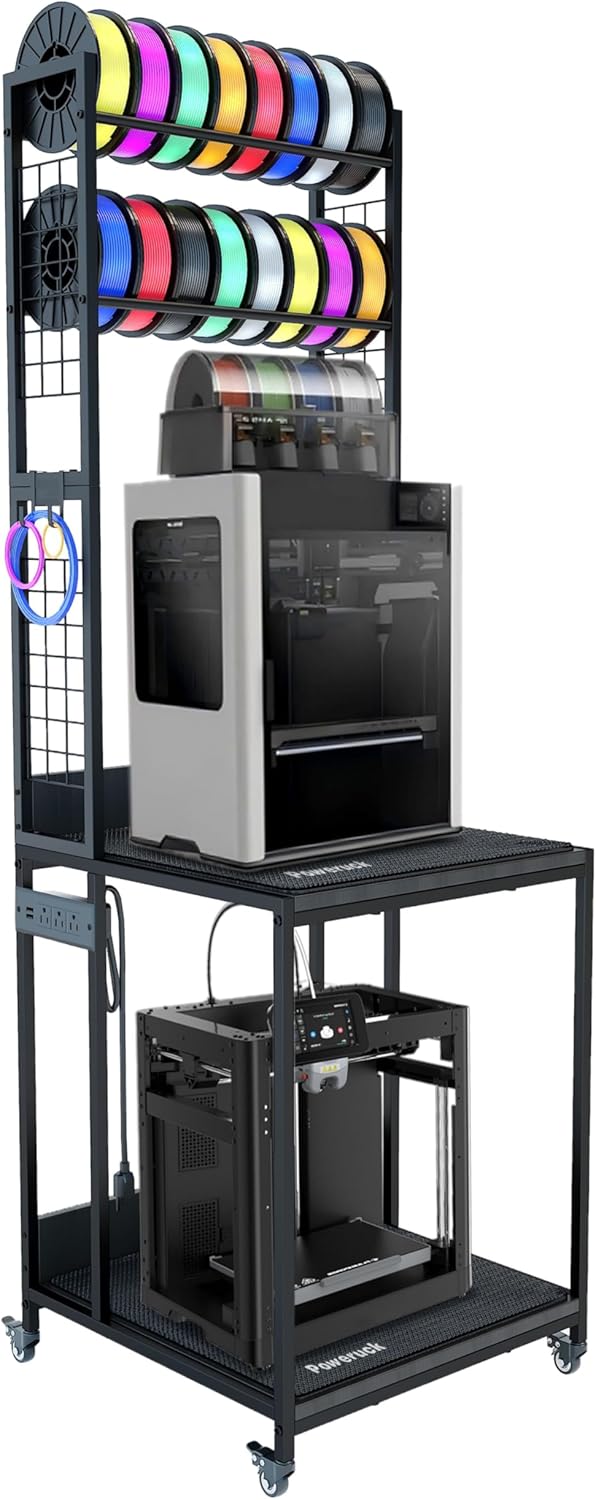 Heavy Duty PRT22 3D Printer Stand with Power Hub, High Density Polymer Vibration Damping Pads, Elevated Storage & Locking Wheels for Most Large Printers