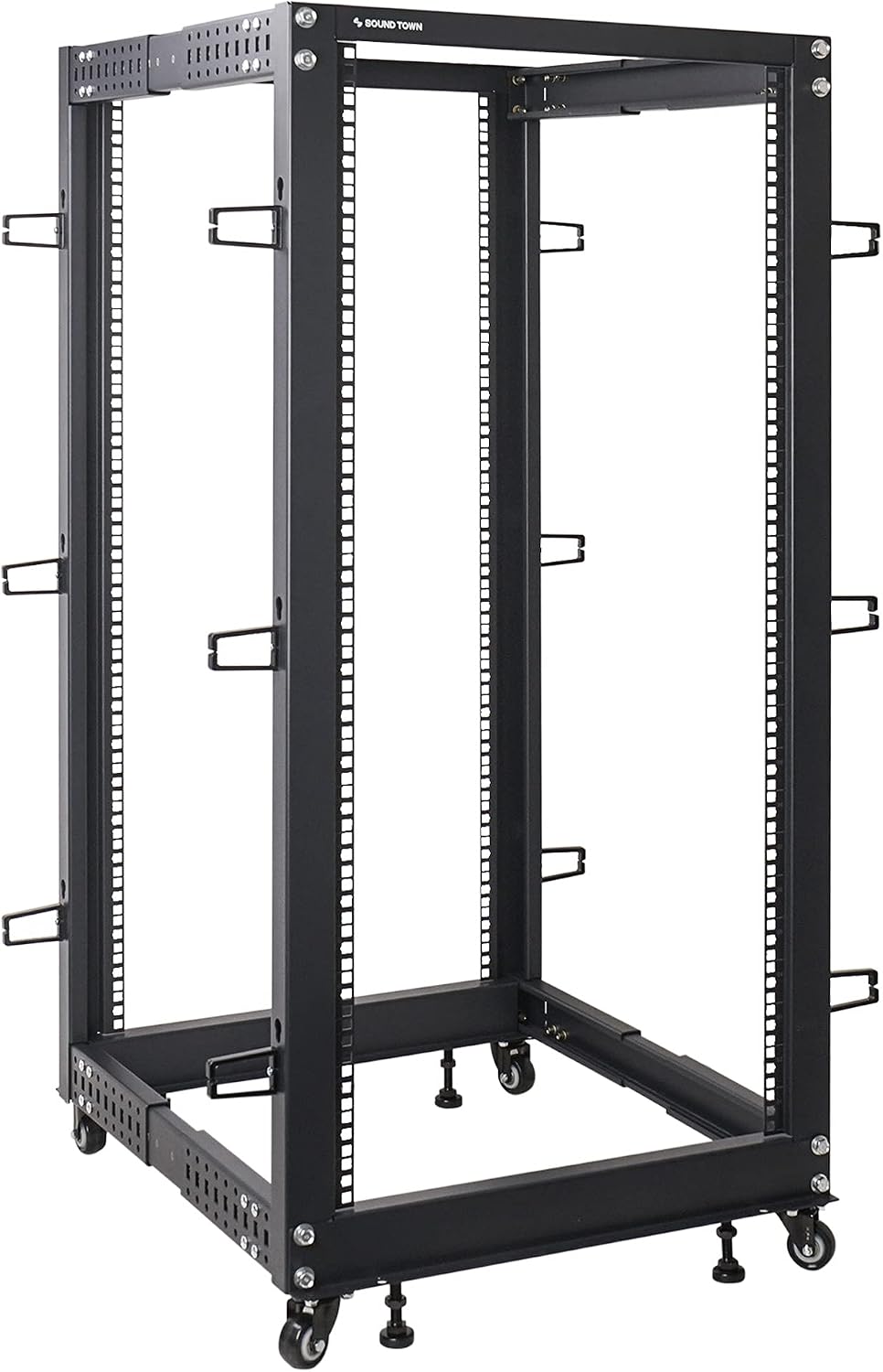 Sound Town 4-Post 25U Open Frame Sever and Network Equipment Rack with Adjustable Depth 22'-40', Casters, Levelers, Cable Management (ST4POF-A25U)
