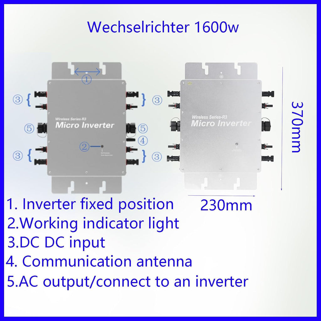1600 Inverter for Your Solar Balcony Power Plant 1600W Intelligent Solar Inverter WiFi for Balcony Power Plant, PV Inverter for 2 Solar panels/IP67/App/MPPT