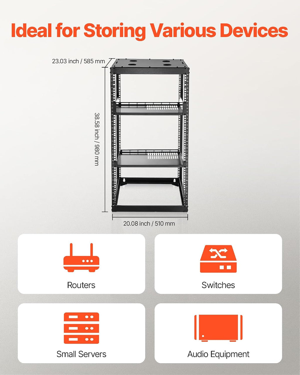 VEVOR 20U Server Rack, Open Frame Network Rack,4-Post Floor Standing or Wall Mounted, Includes 2PCS Vented 1U Rack Shelves & Mounting Hardware, Computer Wall Rack for 19' IT/AV Equipment
