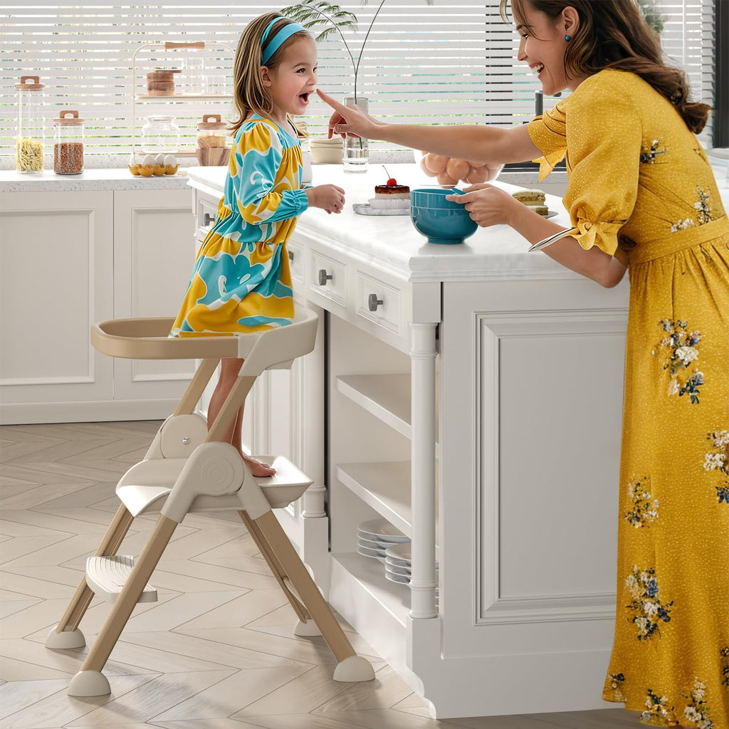 6-in-1 High Chair for Babies and Toddlers, 2026 New Aluminum Alloy Folding Toddler Step Stool with 4-Position Height, Detachable Double-Layer Tray, 6 Growing Stages from Infant to Toddler Seating