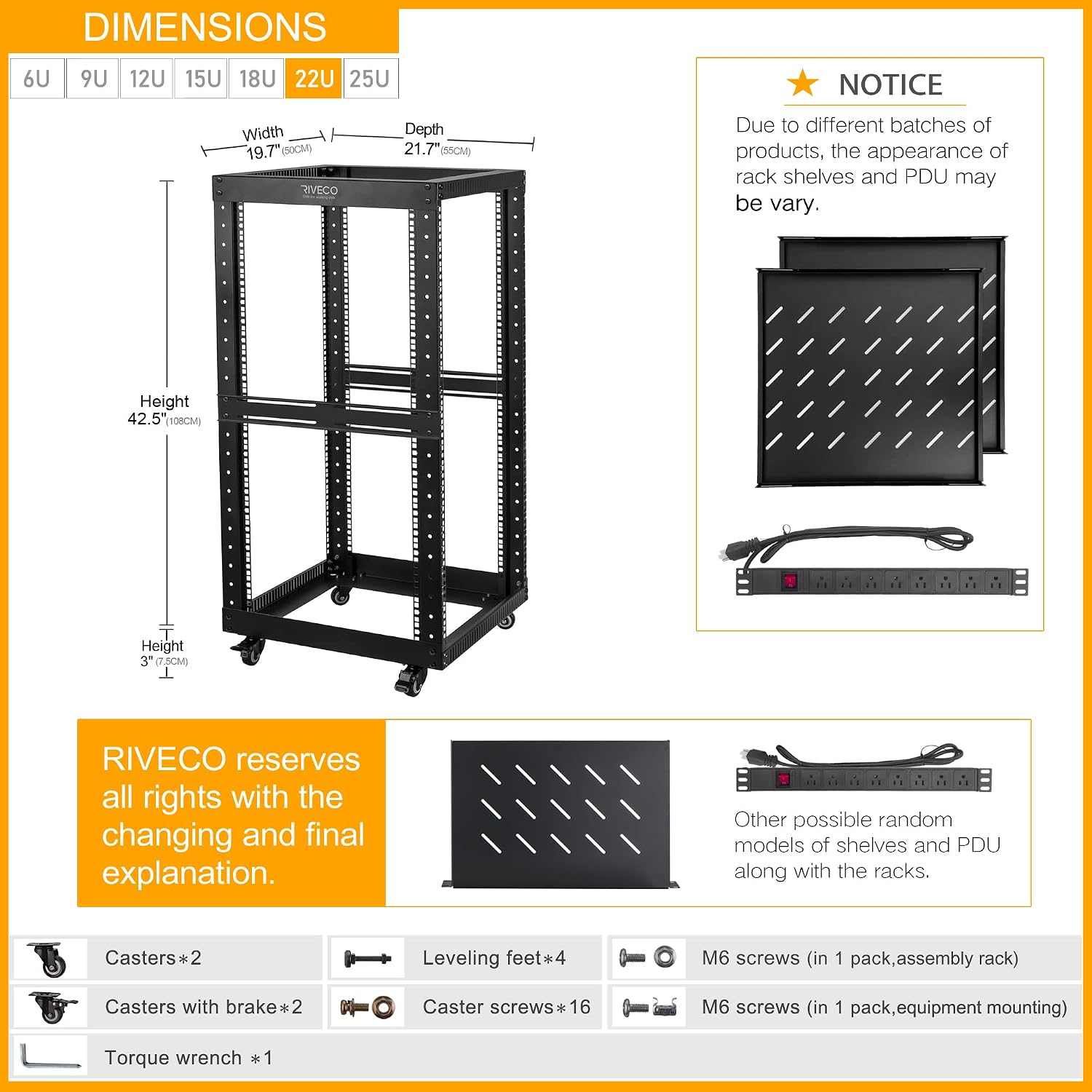 RIVECO 22U Open Frame Server Rack with Brake Casters +19' Rail Mounting PDU (8 Outlets) Power Strip with Surge Protector + 2PCS Rack Shelves Cantilever Tray Set Black