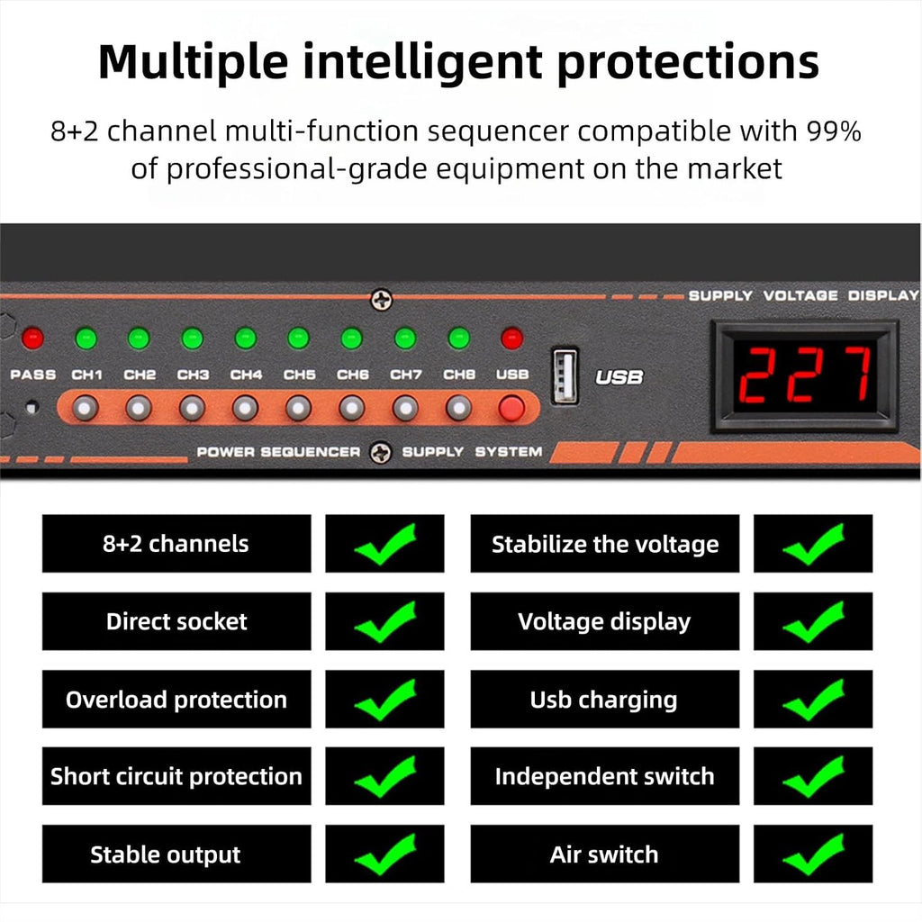 10 Outlet Power Sequencer Conditioner with Digital Screen Safety Features Independent Power Switch USB Port for Audio Equipment