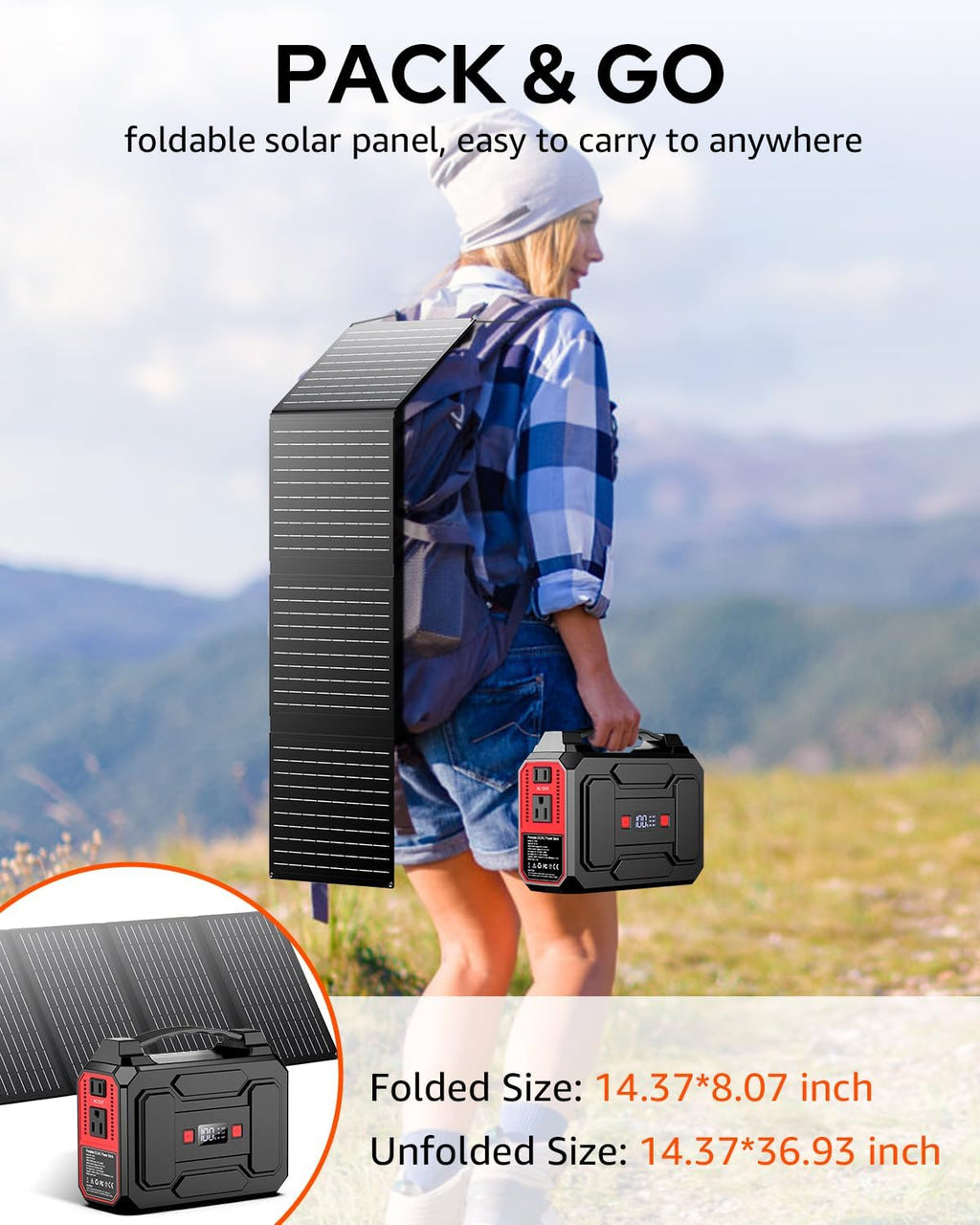 Solar Powered Generator 200W Peak/100W Rated, Portable Solar Generator Power Station with Solar Panels 40W Included, 146Wh Solar Power Bank with AC Outlet 110V for Home Use Camping Outdoor Adventure