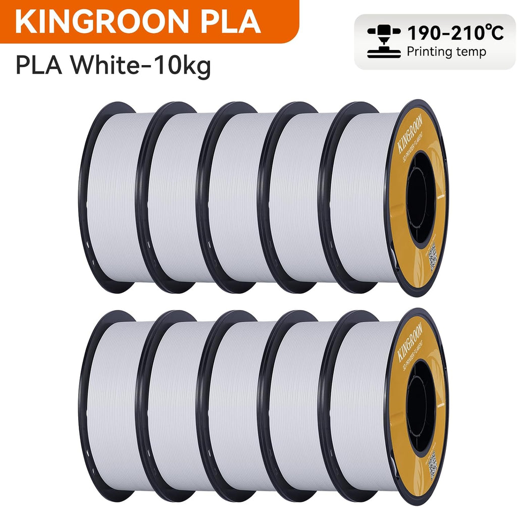 Kingroon PLA 3D Printer Filament,10 Rolls, Dimensional Accuracy +/- 0.02 mm, 10kg Spool(22lbs), 1.75 mm，White