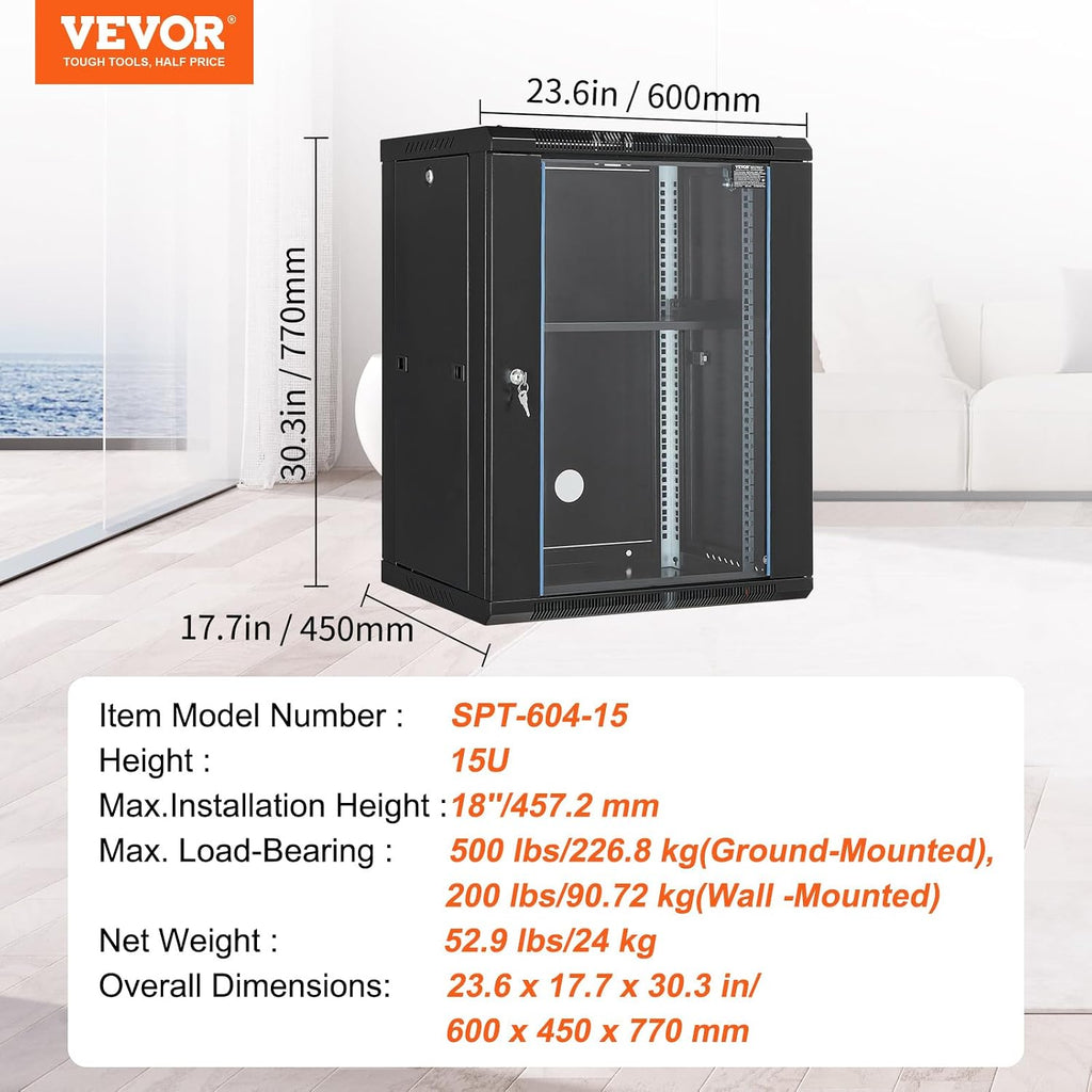 VEVOR 15U Wall Mount Network Server Cabinet, 18'' Deep, Server Rack Cabinet Enclosure, 500 lbs Max. Ground-Mounted Load Capacity, with Locking Glass Door Side Panels, for IT Equipment, A/V Devices