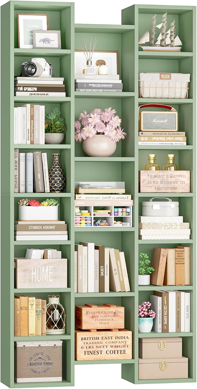FOTOSOK 71'' Tall Bookshelf with 21 Cubes, 8 Tier Triple Wide Bookshelf with 8 Adjustable Shelves, 35' Large Bookcase DVD/CD Media Tower Storage, Freestanding Display Shelf Cabinet, Green