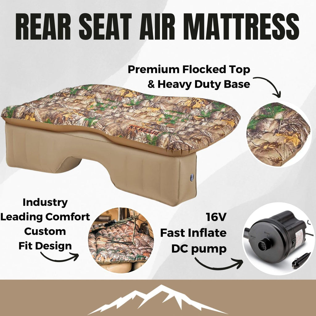 Pittman Outdoors Backseat Bed Air Mattress – 60' Rear Seat Mattress for Trucks & SUVs – Includes Portable DC Air Pump – Truck Air Mattress for Back Seat Travel & Camping – Camo Print