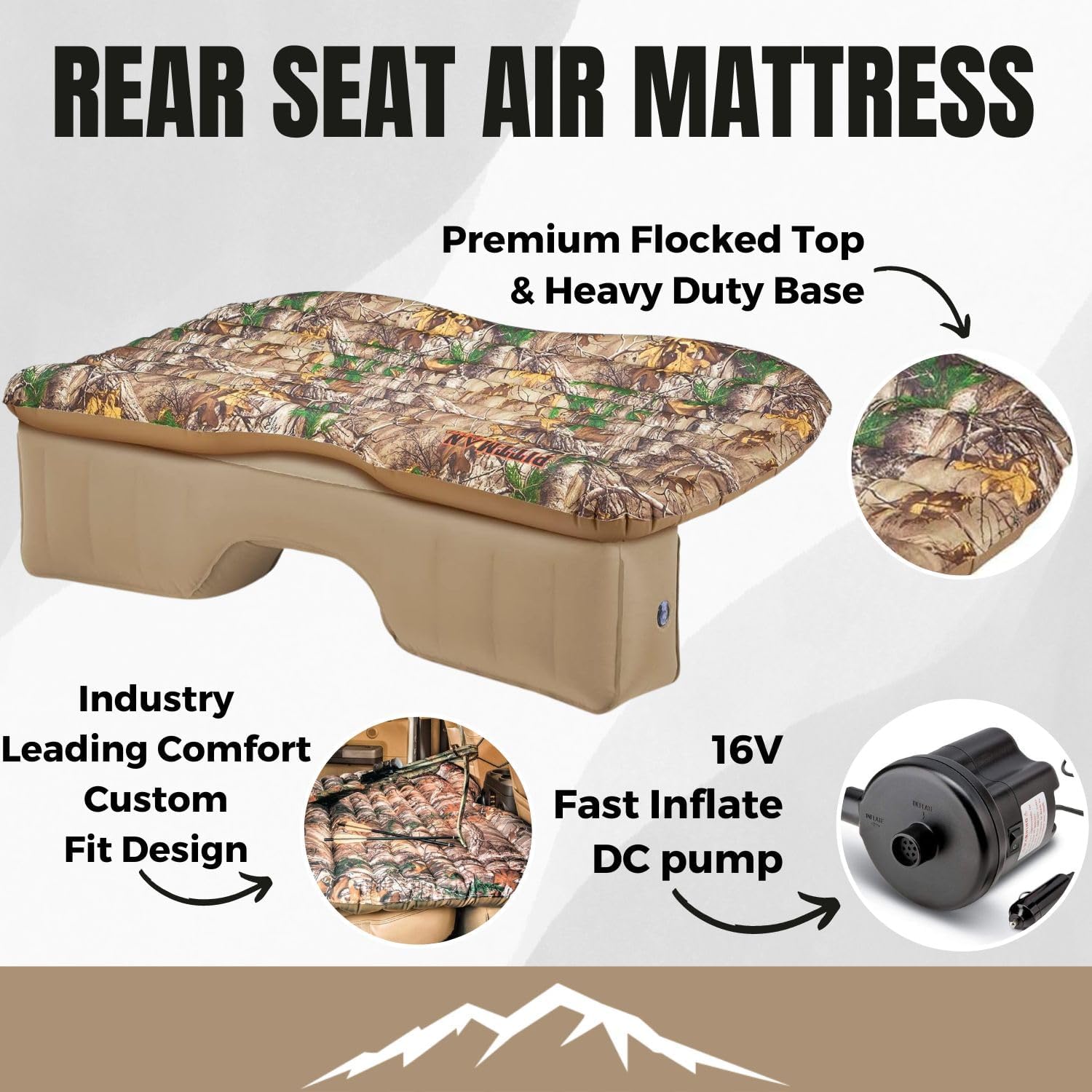 Pittman Outdoors Backseat Bed Air Mattress – 60' Rear Seat Mattress for Trucks & SUVs – Includes Portable DC Air Pump – Truck Air Mattress for Back Seat Travel & Camping – Camo Print