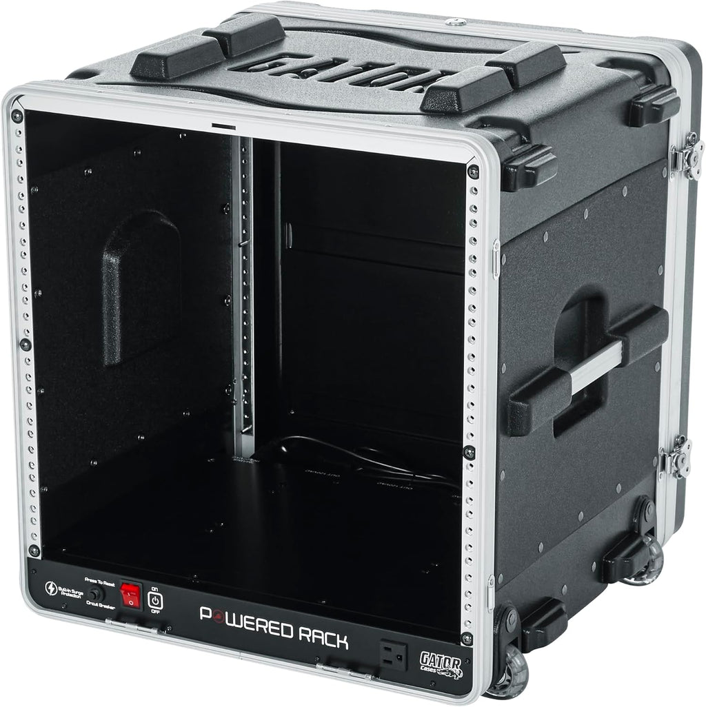 Gator Cases Lightweight Molded 10U Rack Case with Built-in Power Supply, Heavy Duty Latches, Retractable Tow Handle, and Recessed Wheels, 19.25' depth (GRR-10PL-US)