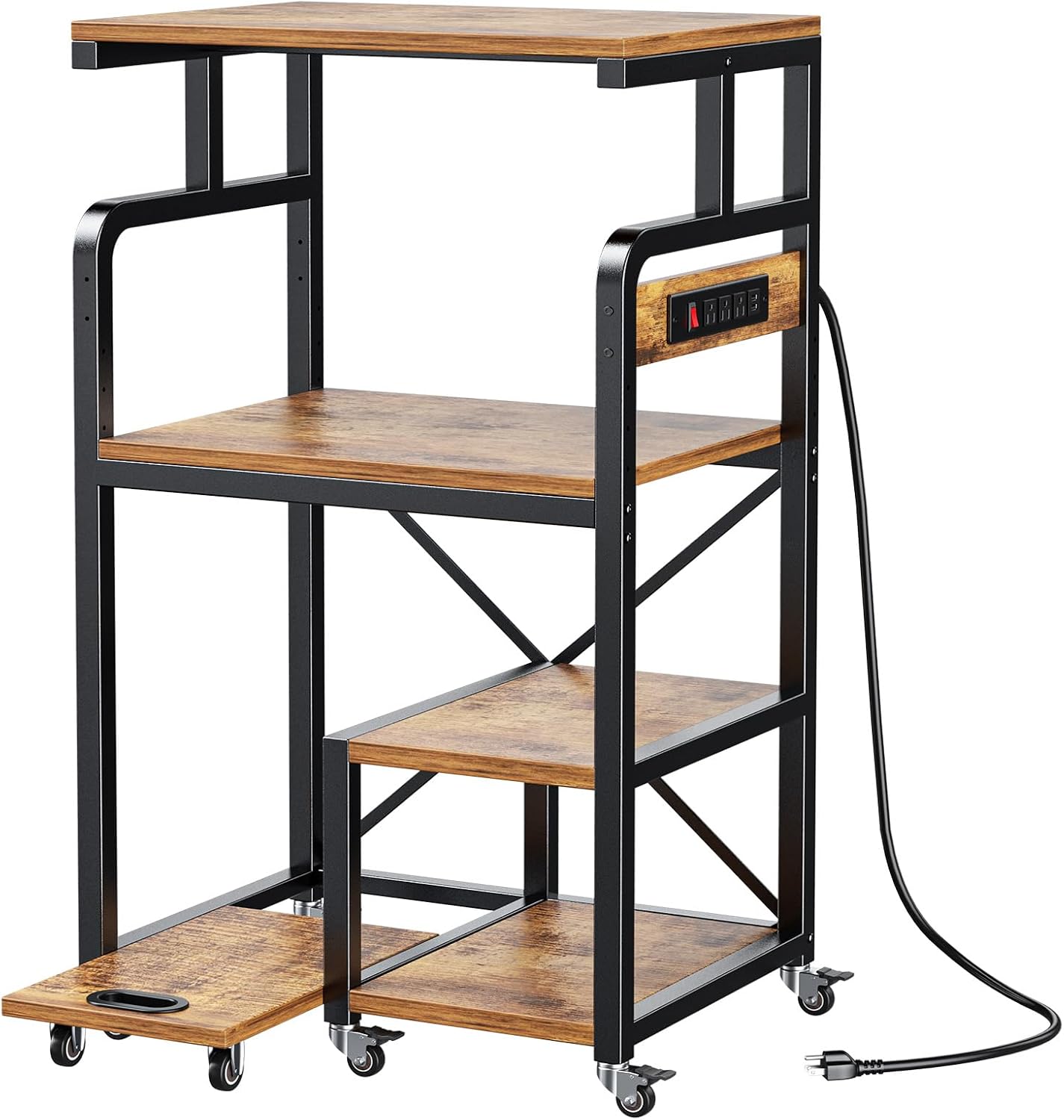 POKIPO Large 4 Tier Printer Stand, 26.7 x 21.2 x 50.2 Inches Tall Printer Cart with Power Outlets 4-Adjustable Heavy Duty Rolling Shelf for Home Office Kitchen Stand for Paper Shredder Mini Fridge