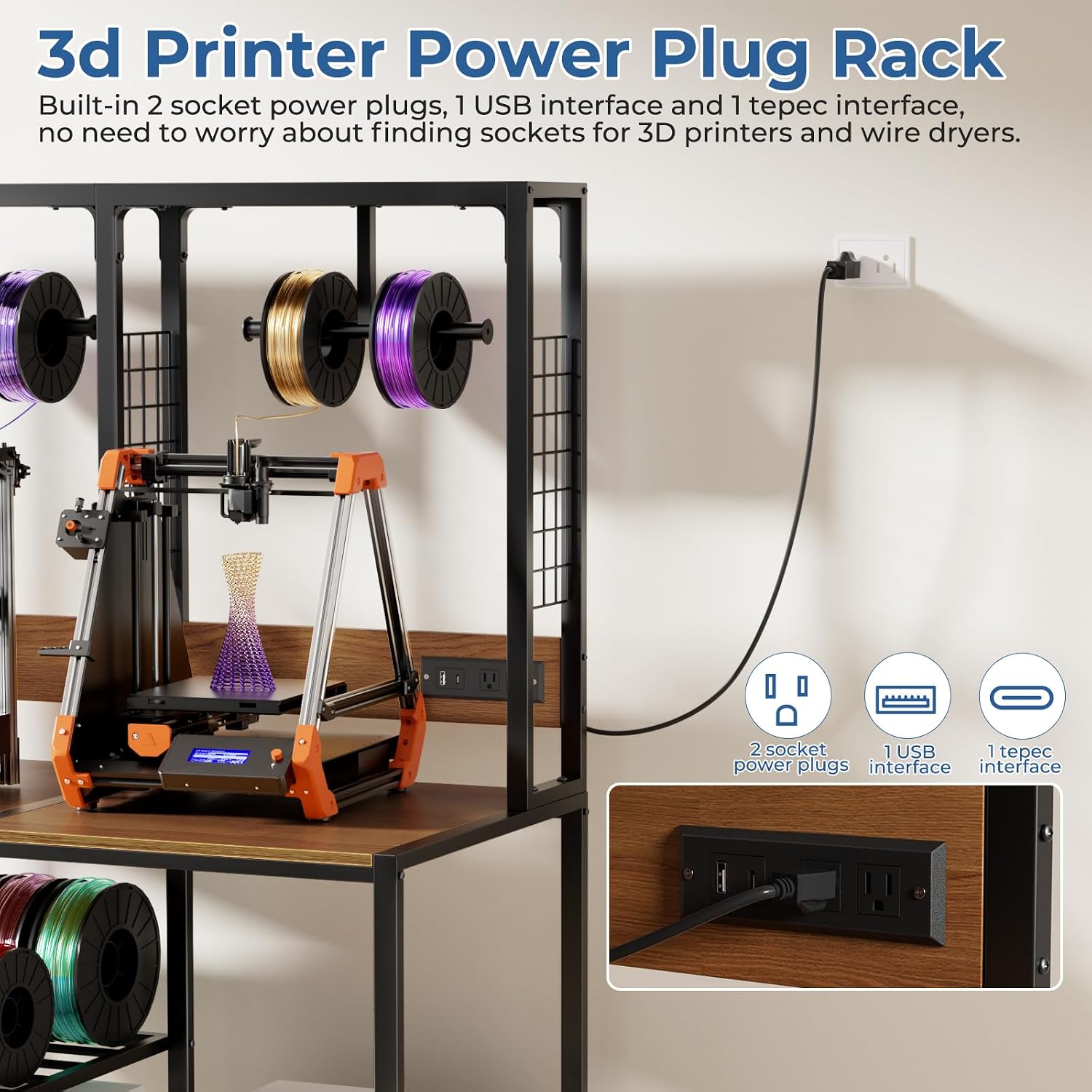 Dual 3D Printer Stand with Filament Storage Workstation, Heavy Duty Mobile 3D Printer Table Workbench, T-Shaped Spools Holder Rack, 3D Printer Workbench for Home & 3D Printing Studio