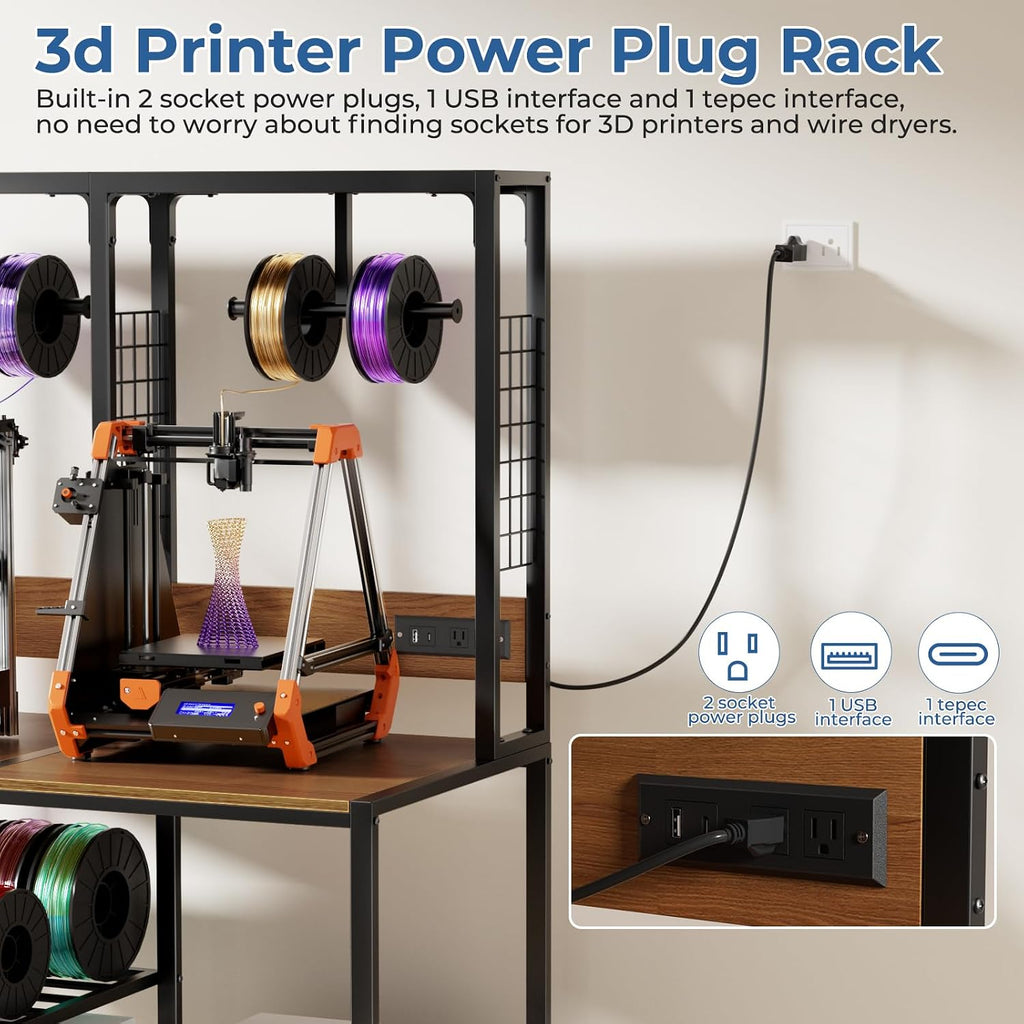 Double 3D Printer Stand with Filaments Storage, 3D Printer Table Filament Storage Rack with Power Outlets Heavy Duty Printer Cart Desk for Workshop Studio Office (Double)