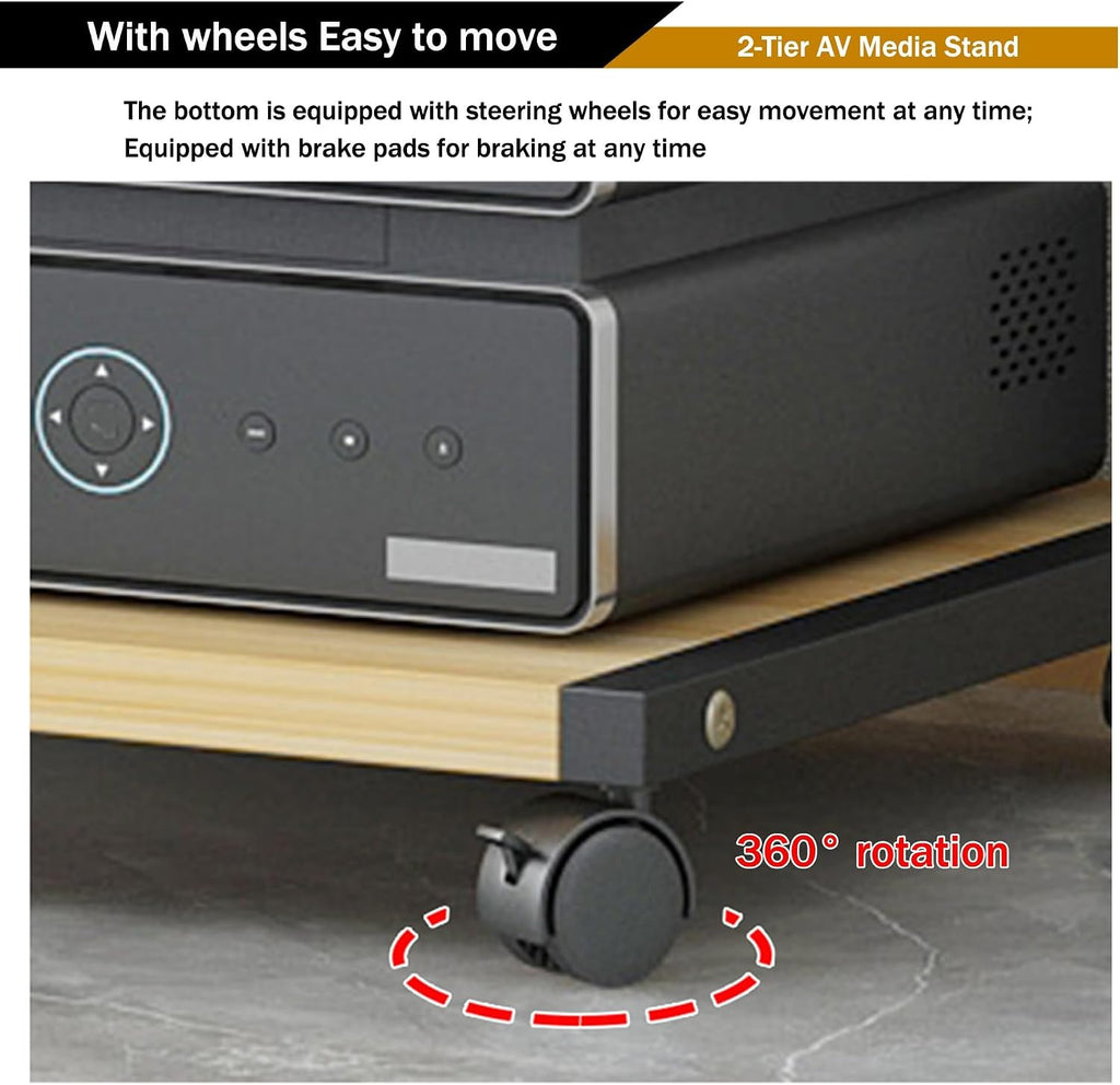 AV Media Stand with Wheels, 2-Tier Audio-Video shelving, Modern Console Wooden Storage Shelves, Stereo Racks and Stands, Audio Tower Corner Entertainment Center, for Living, Gaming Room(Black,50x40x35